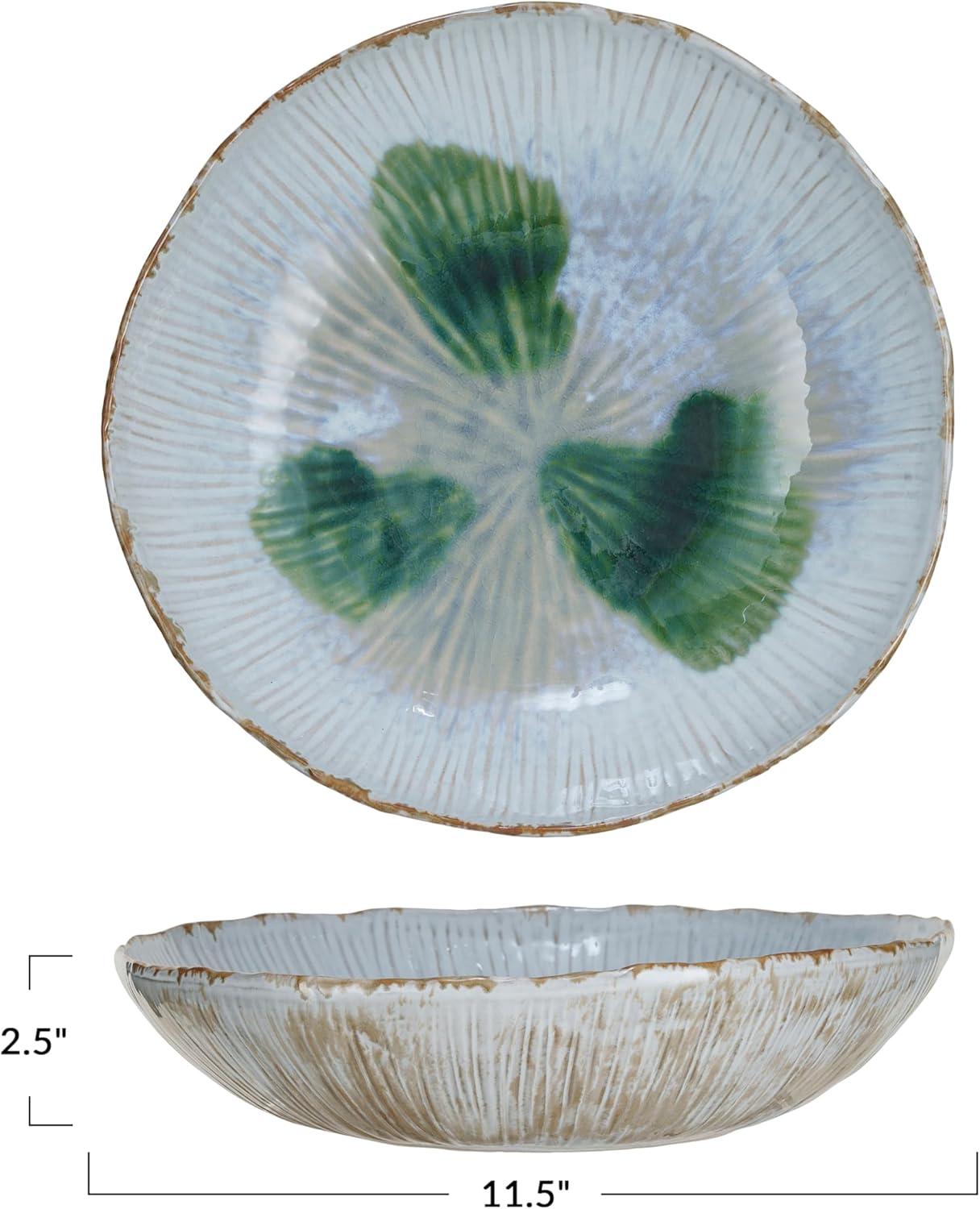 Green and White Ceramic Serving Bowl with Reactive Glaze