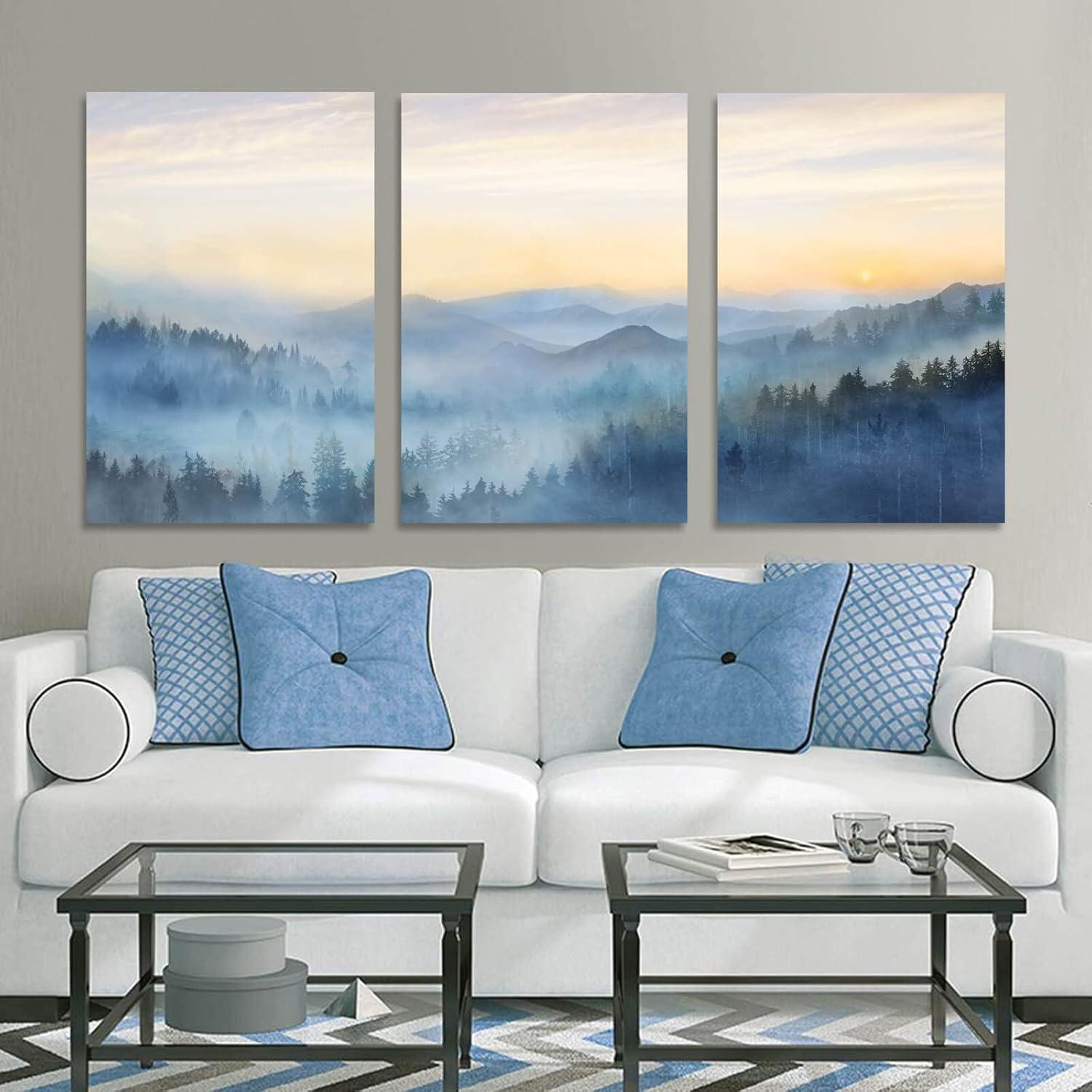 YJYart Foggy Forest Canvas Wall Art Landscape Mountain Wall Art for Living Room Sunrise Wall Decor Modern Artwork Canvas Prints Pictures for Wall Home Office Size 24"x 36"x 3pcs