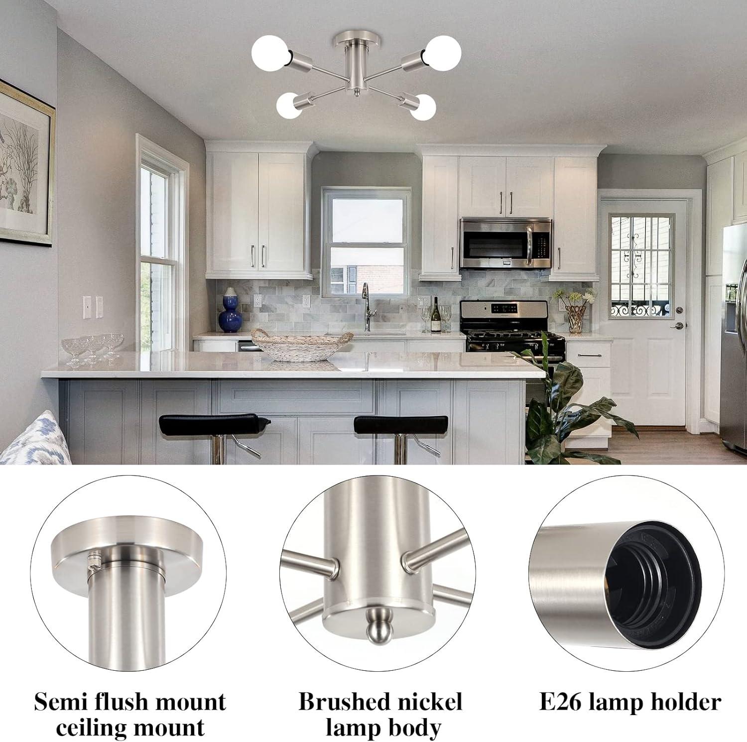 Sputnik Chandeliers, 4 Lights Kitchen Lighting Fixtures Ceiling Brushed Nickel Chandelier, Semi Flush Mount Ceiling Light Fixture for Bedroom Hallway Kitchen Living Room Dining Room