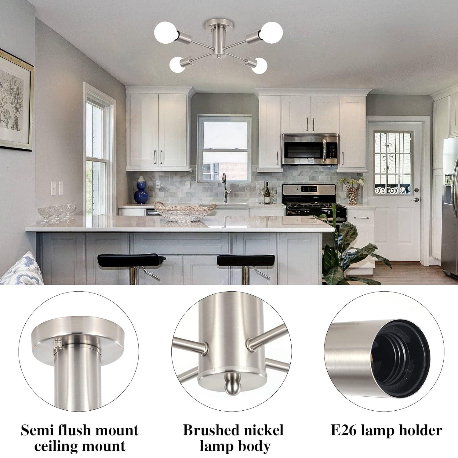 Sputnik Chandeliers, 4 Lights Kitchen Lighting Fixtures Ceiling Brushed Nickel Chandelier, Semi Flush Mount Ceiling Light Fixture for Bedroom Hallway Kitchen Living Room Dining Room