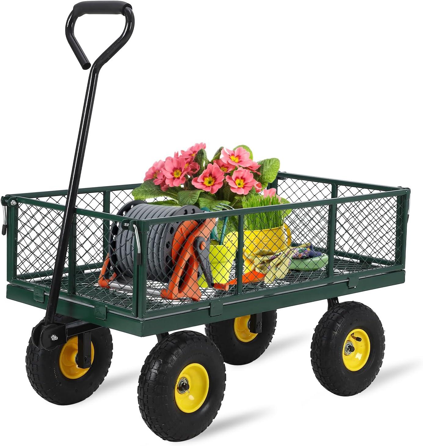 Garden Cart on Wheels 880Lbs Capacity, Heavy Duty Full Steel Utility Wagon, Versatile Flatbed Carts with Removable Mesh Sides, 180° Rotating Handle, Fit for Outdoor Garden, Lawn, Yard