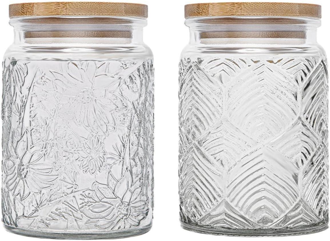 Vintage Clear Glass Jars with Bamboo Lids, Set of 2