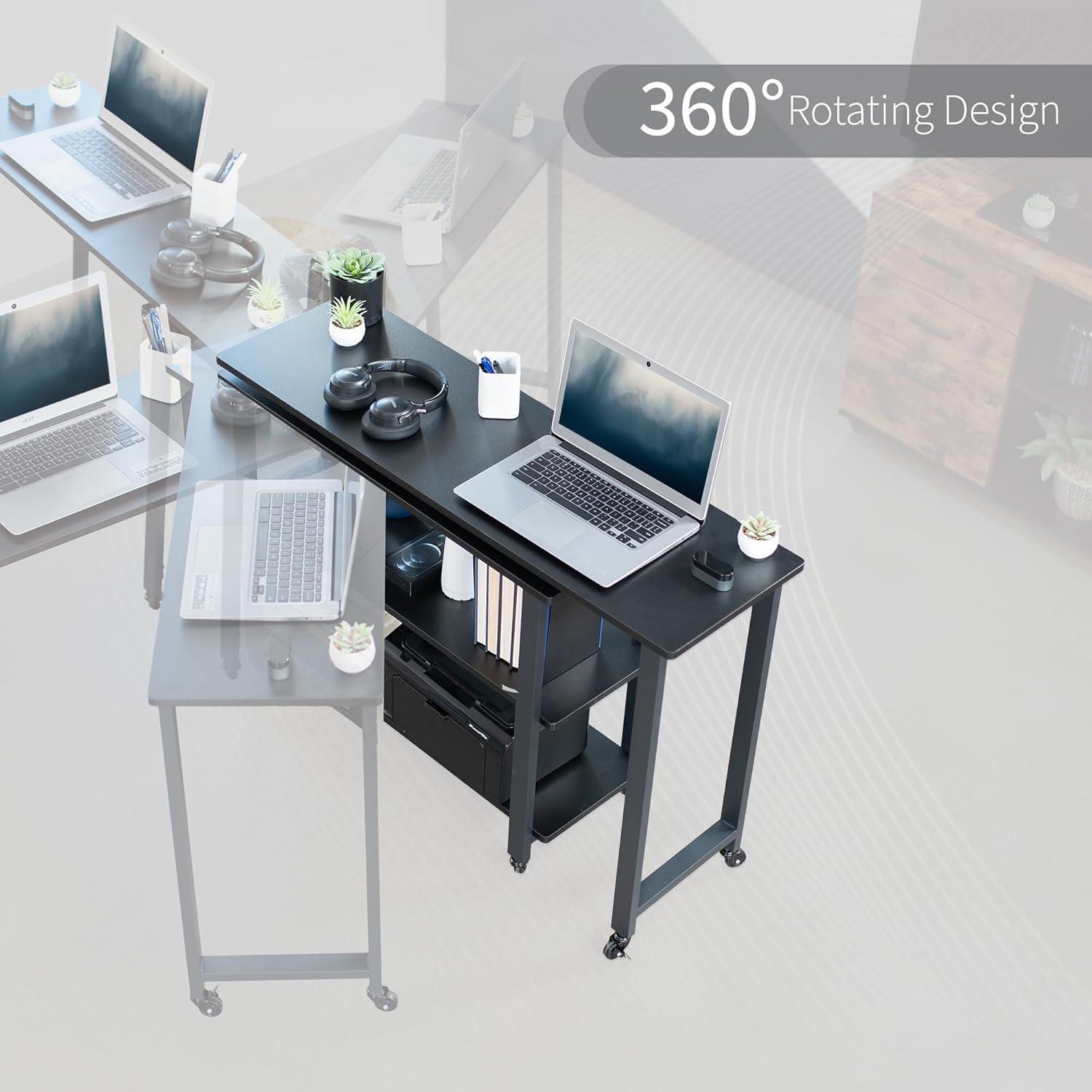 Black Glossy Particle Board Mobile Corner Writing Desk with Drawer