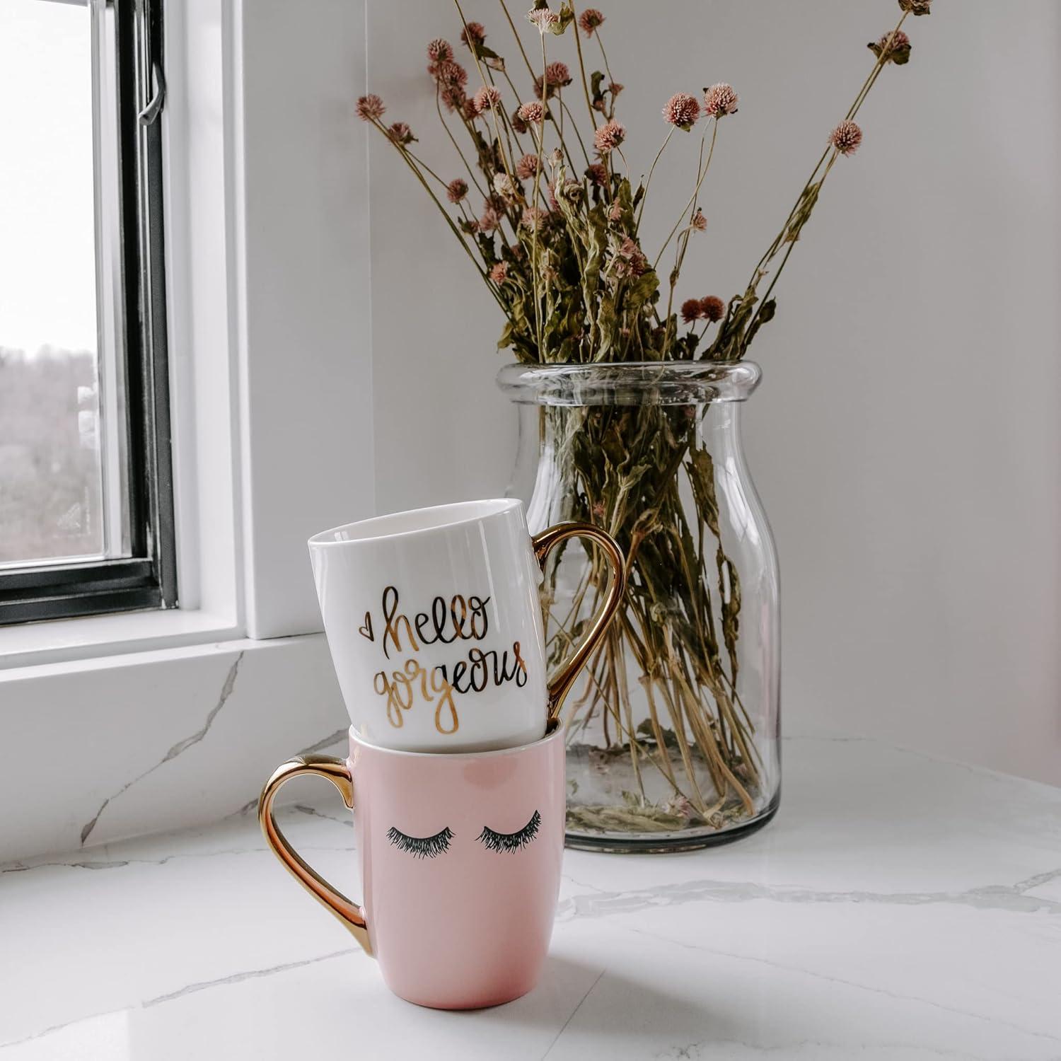 Sweet Water Decor Pink Eyelashes Gold Handle Coffee Mug - 16oz