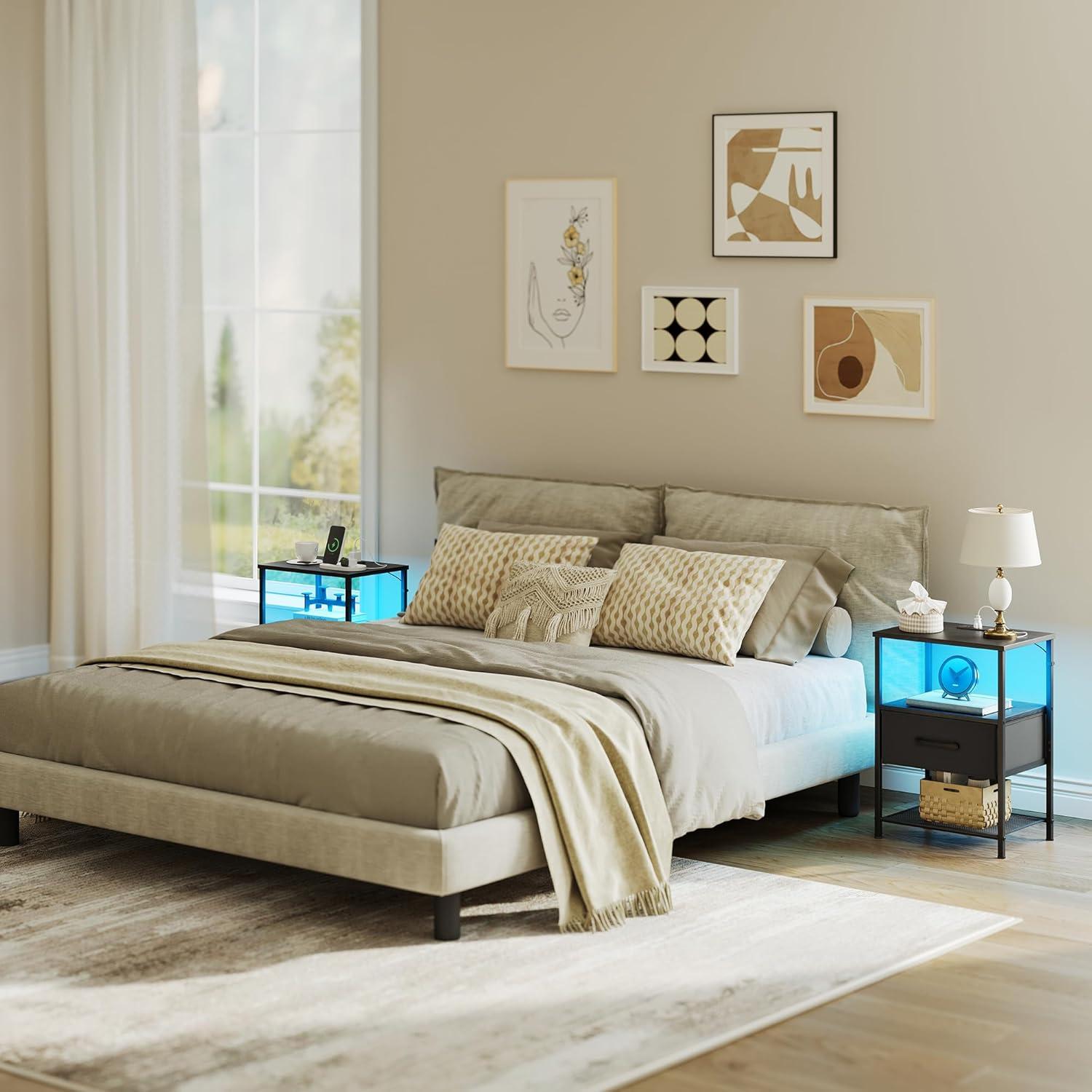 End Table with Charging Station, Narrow Side Table with 2 Fabric Drawers, Skinny Nightstand with LED Light, Slim Bedside Table for Bedroom, Living Room, Small Spaces, White