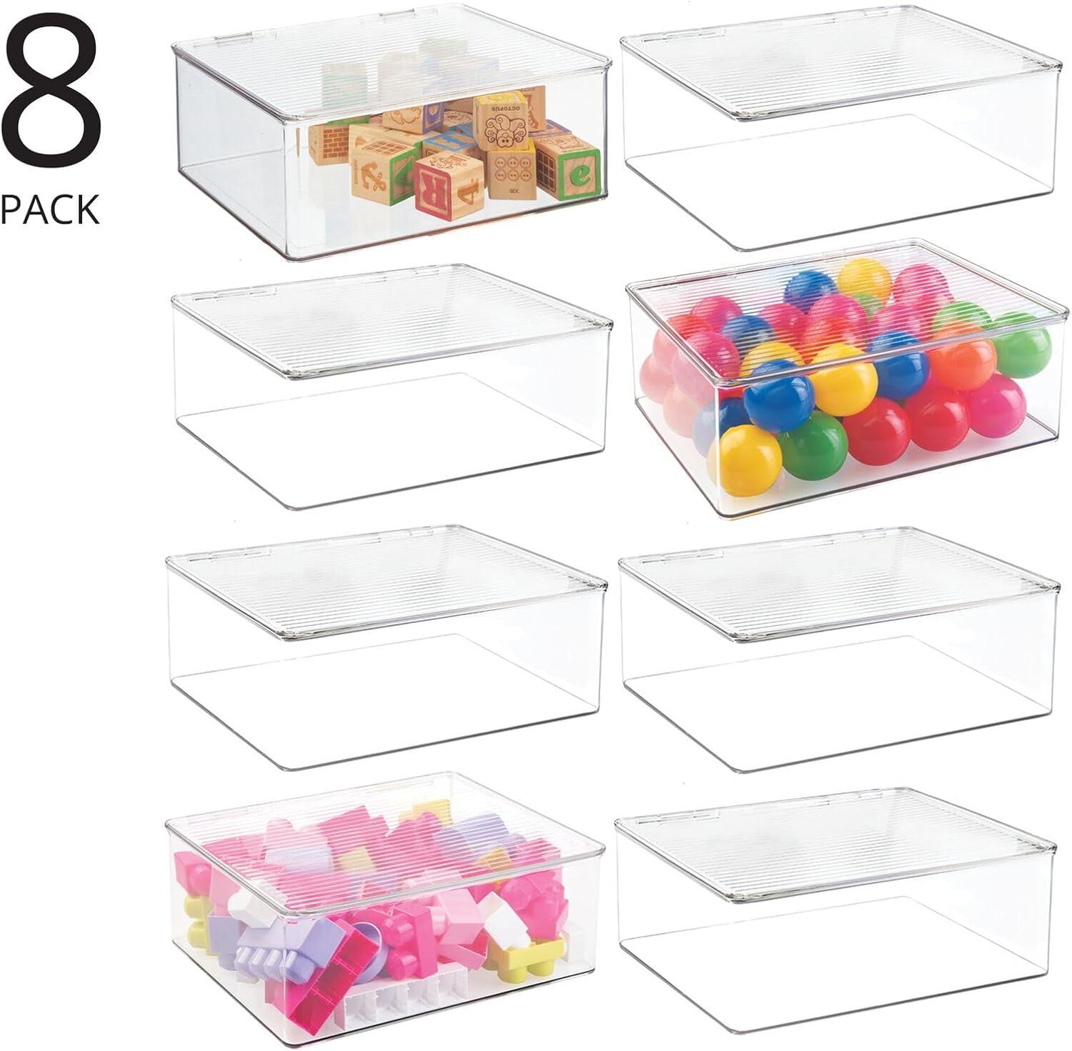 mDesign Plastic Stackable Toy Storage Bin Box with Hinge Lid, 8 Pack - Clear