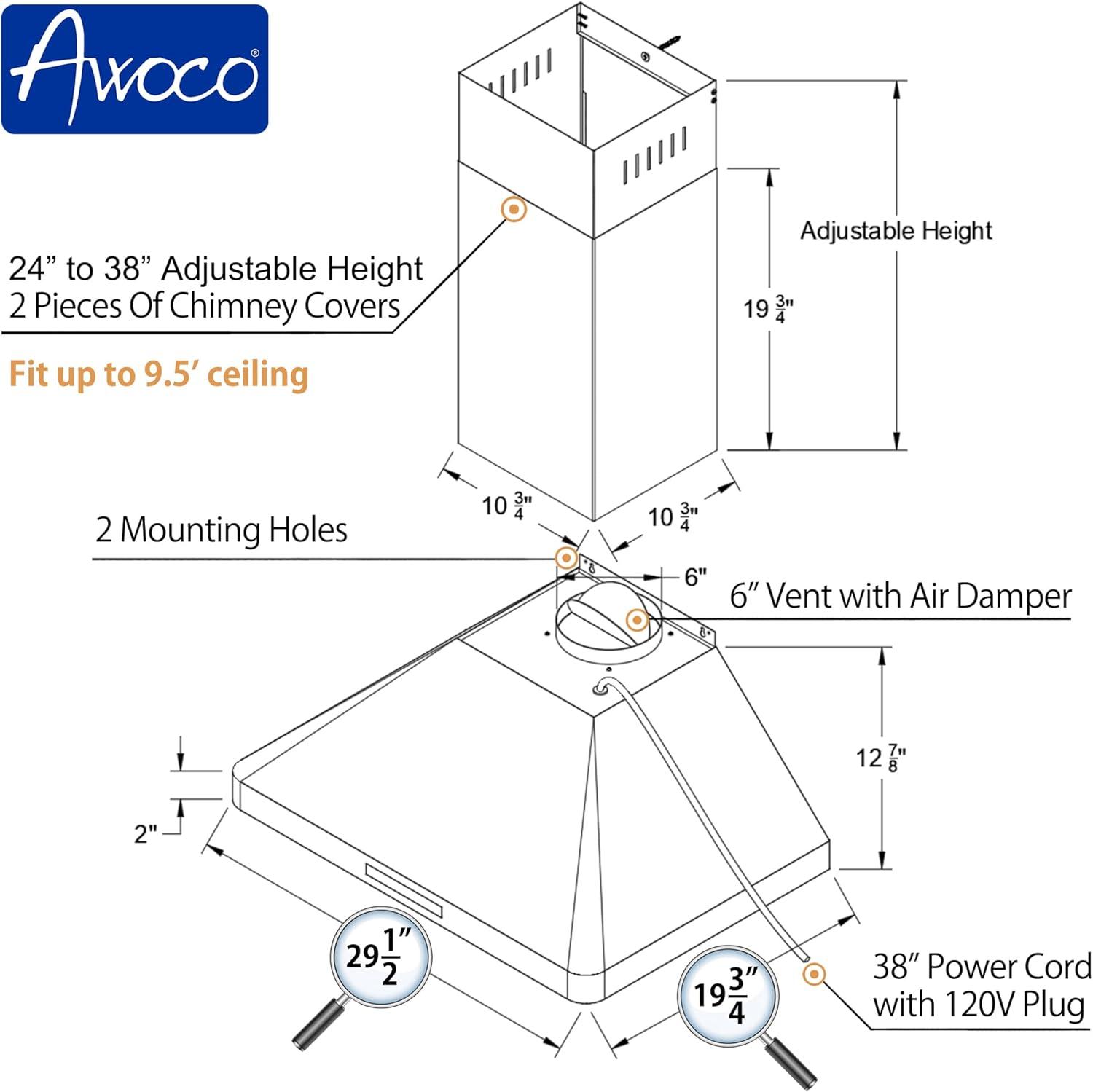 Awoco 30" Stainless Steel 800 CFM Ducted (Vented) Wall Range Hood with Baffle Filter