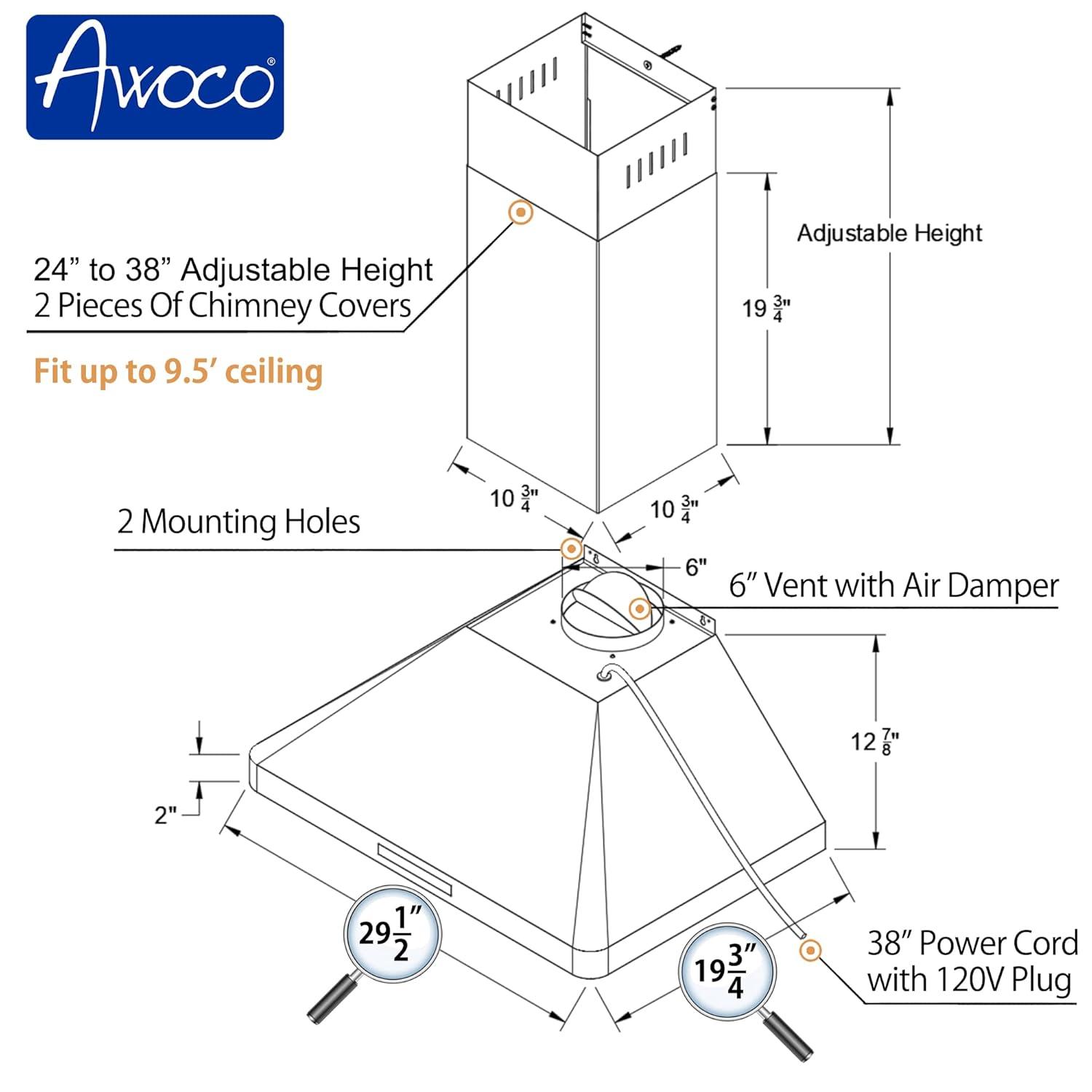 Awoco 30" Stainless Steel 800 CFM Ducted (Vented) Wall Range Hood with Baffle Filter