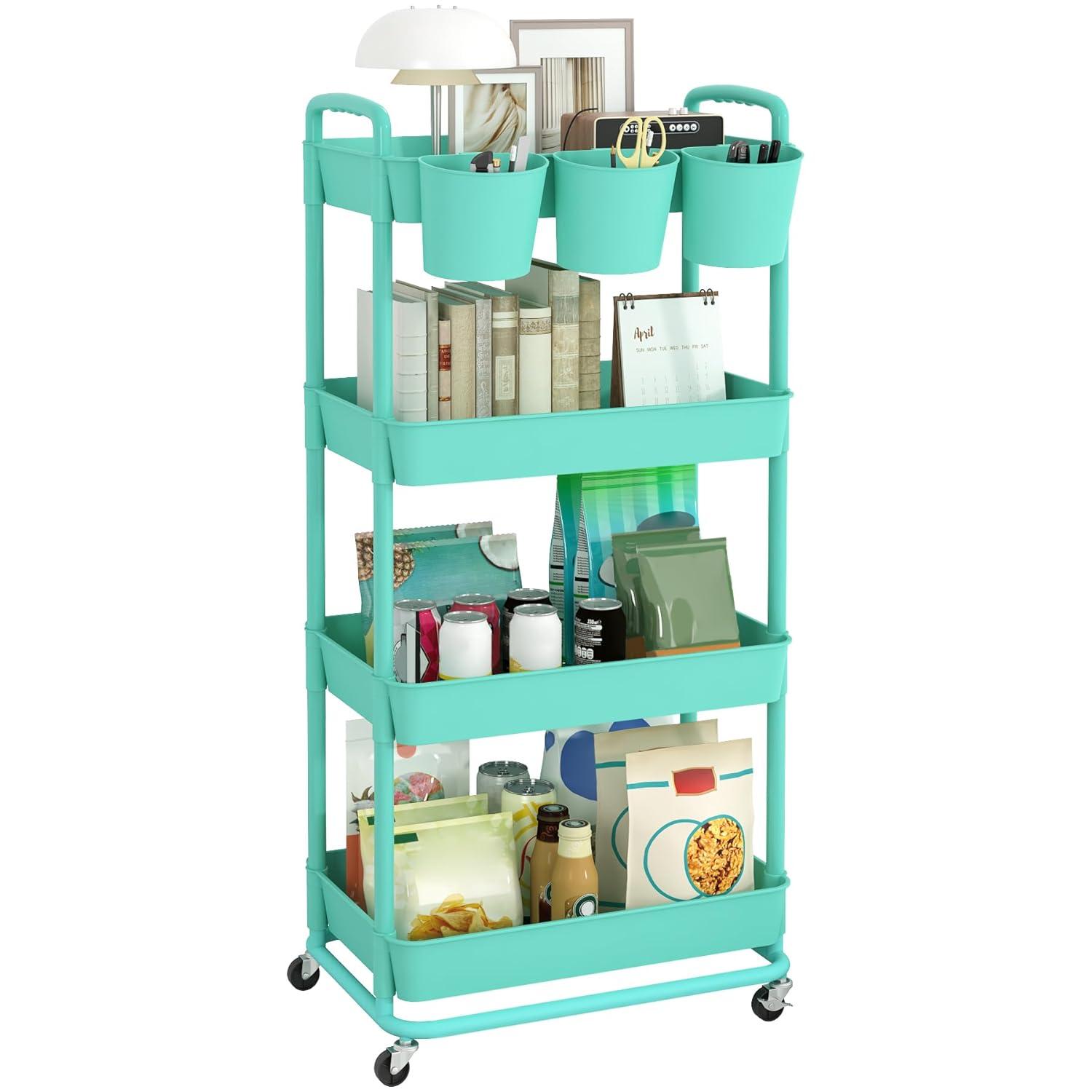 JIUYOTREE 4-Tier Plastic Rolling Storage Cart Utility Cart with Extra Hanging Cups Handles Lockable Wheels for Living Room Bathroom Kitchen Office Green