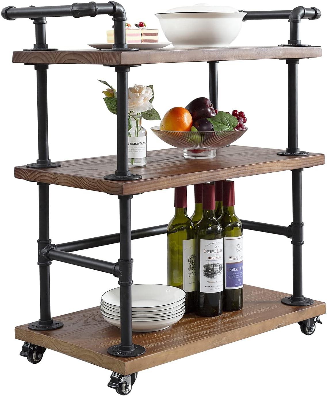 Industrial Bar Carts/Serving Carts/Kitchen Carts/Wine Rack Carts on Wheels with Storage - Industrial Rolling Carts - Wine Tea Liquor Shelves/Holder - Solid Wood and Metal Home Furniture