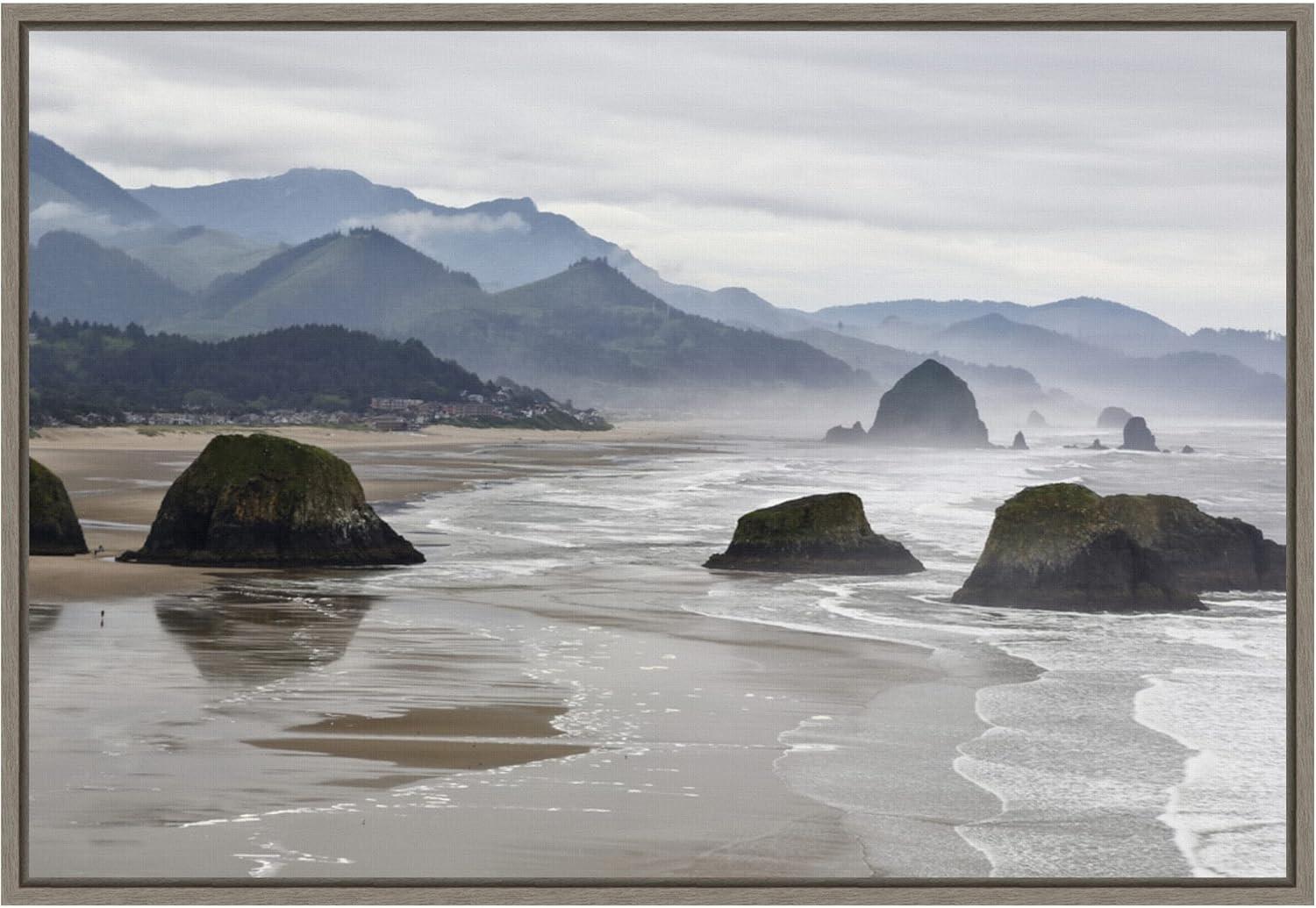 Cannon Beach Fog Coastline Landscape Canvas Print in Grey Frame