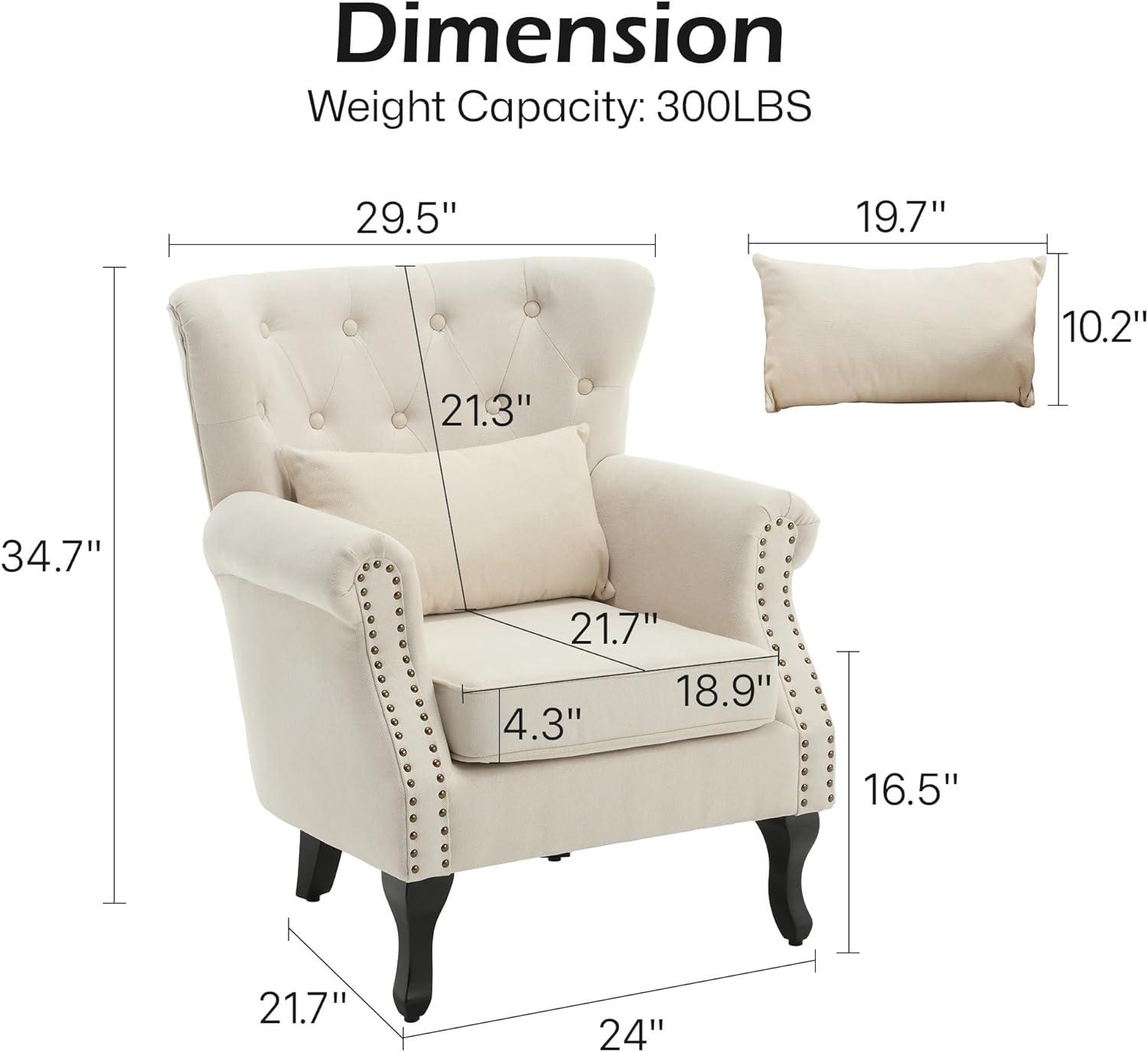 Beige Tufted Leather Accent Chair with Wood Legs