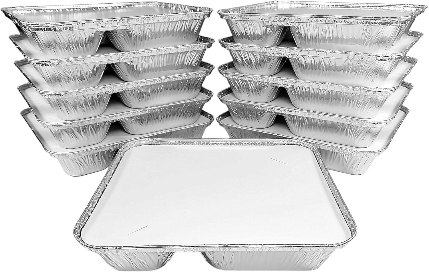 Pactogo Large 3-Compartment Oblong Aluminum Foil Take-Out Pan Senior Feeding TV Dinner Entr?e Tray w/Board Lid (Pack of 10 Sets)