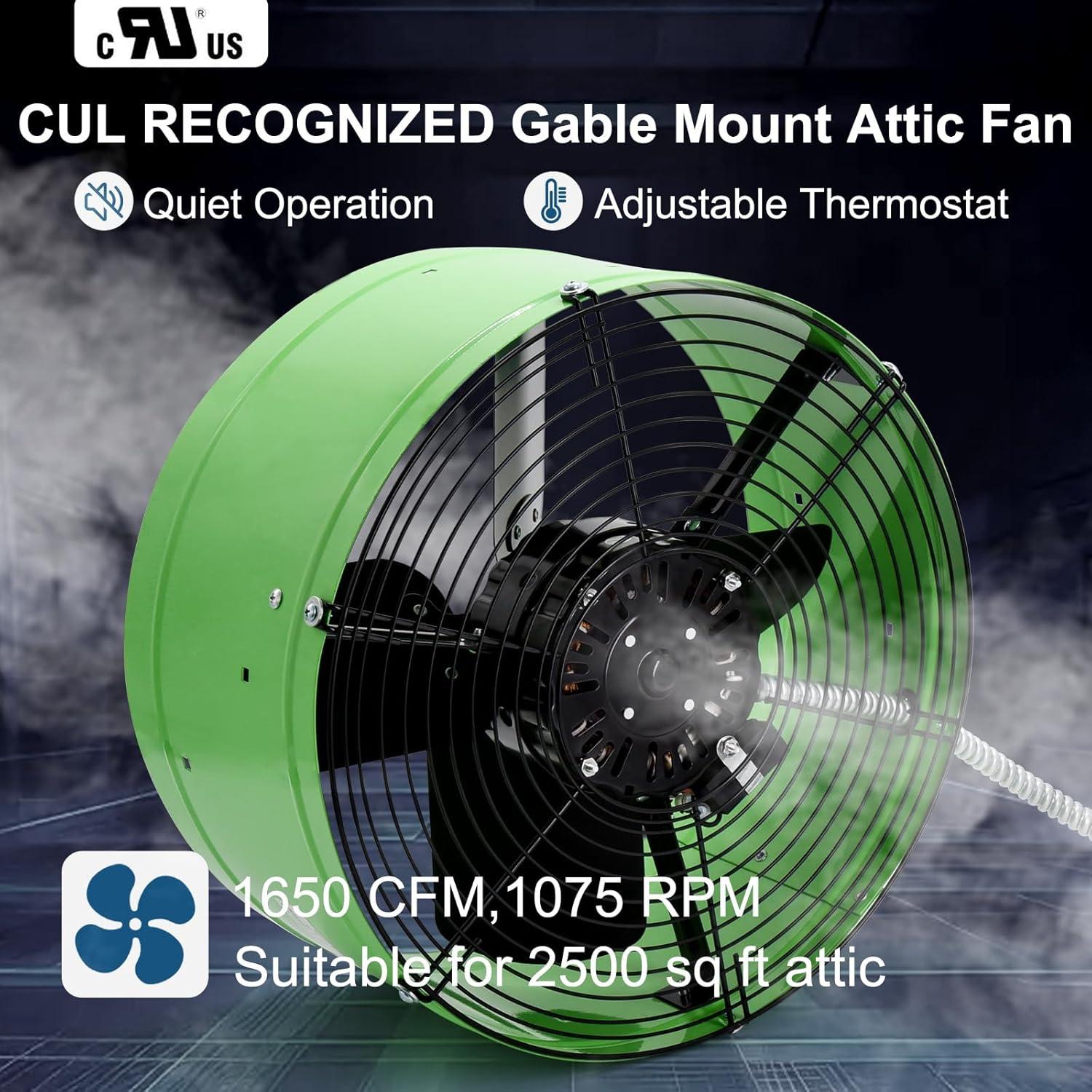Criditpid 15" Gable Mount Vent Attic Fan, Exhaust Ventilation Fan with Adjustable Thermostat for Gable, Home, Shed, Garage, Portable Building, 3.4A, 1300CFM, 1075RPM, 1850 Sq.Ft Coverage Area.