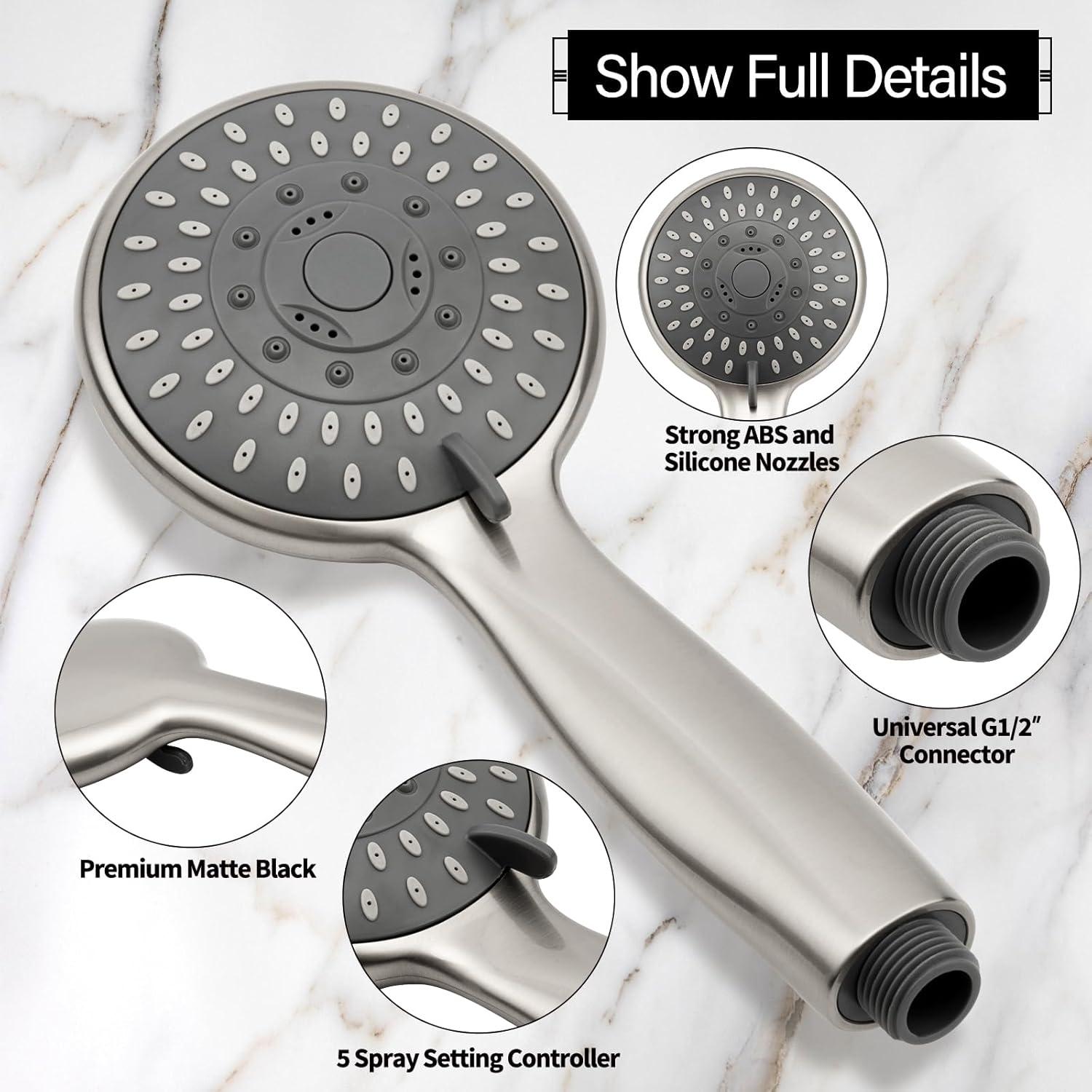 High Pressure Handheld Shower Head Briout 5-Settings Powerful Water Spray Shower Head against Low Pressure Water Flow with Stainless Hose and Adjustable Mount