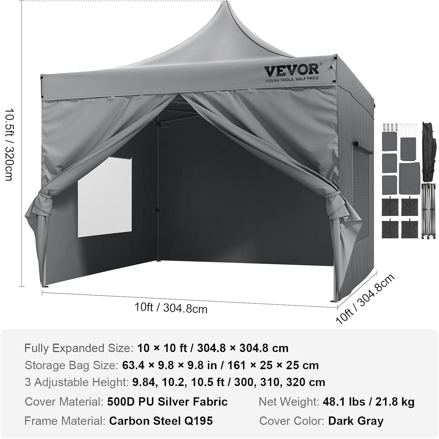 VEVOR Pop Up Canopy Tent Outdoor Gazebo Tent with Sidewalls & Bag White 10x10FT - Grey