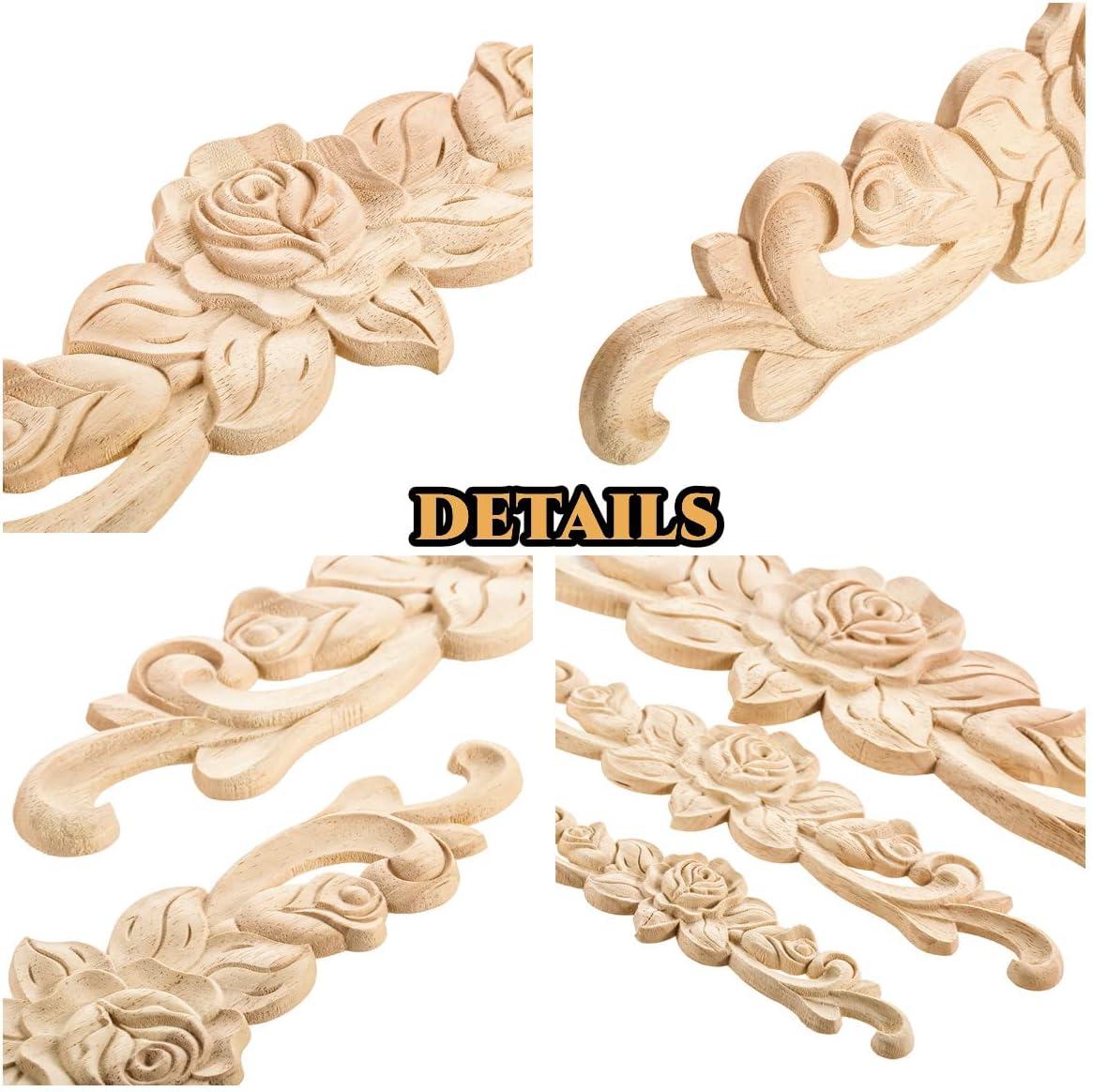MUXSAM 4Pcs Rose Wood Carved Onlays Decorative Appliques, Unpainted Long Center Carving Decal for Door Wall Ceiling Cabinet Dresser Mirror Bed Mantel Bench Fireplace Decor, 20x5cm/7.87"x1.97"