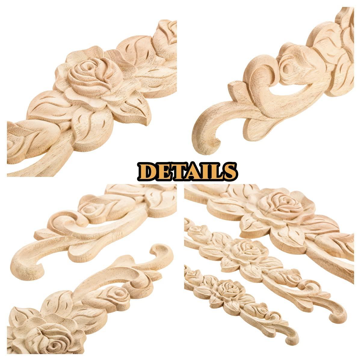 MUXSAM 4Pcs Rose Wood Carved Onlays Decorative Appliques, Unpainted Long Center Carving Decal for Door Wall Ceiling Cabinet Dresser Mirror Bed Mantel Bench Fireplace Decor, 20x5cm/7.87"x1.97"