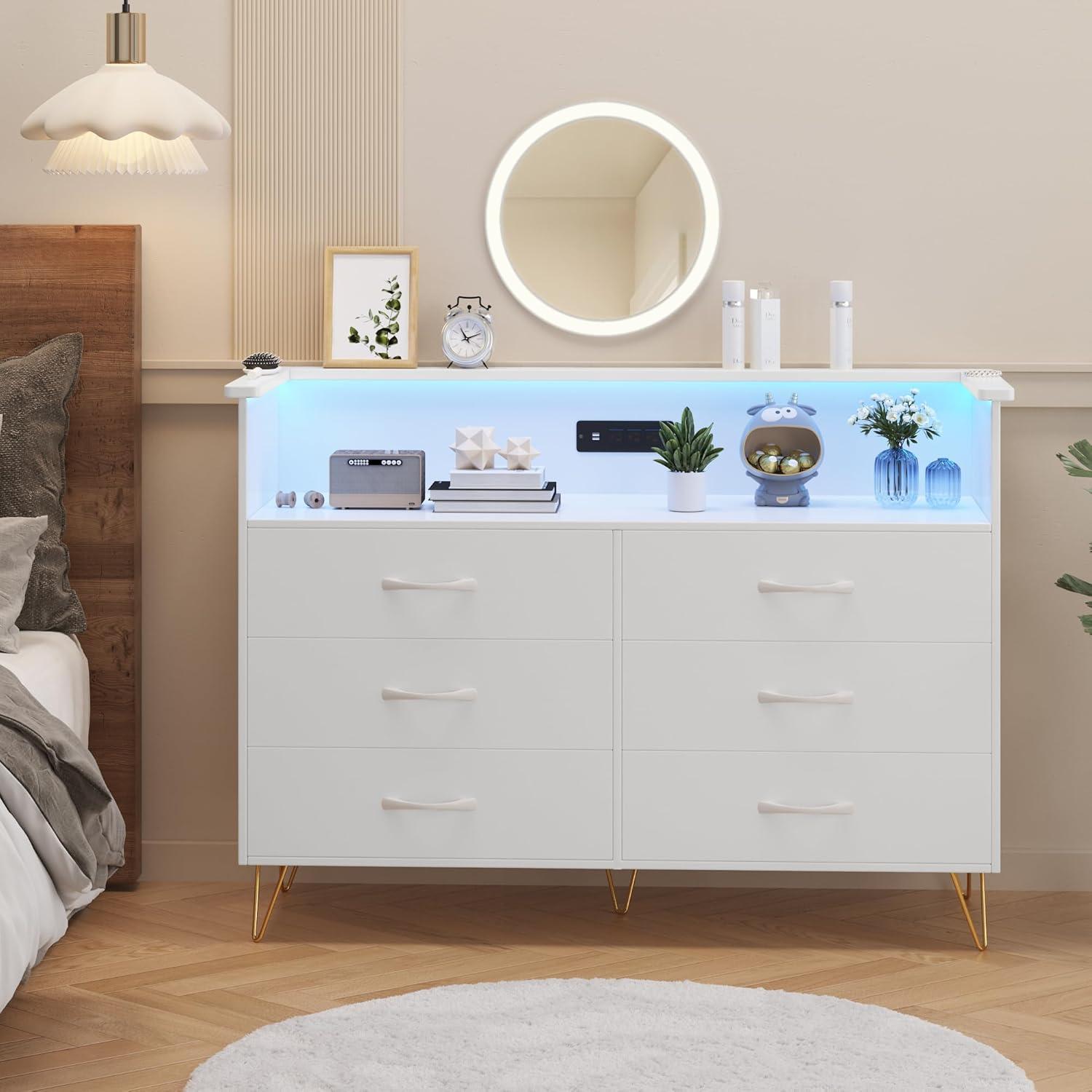 White Modern 6-Drawer Dresser with LED Light and Power Outlet