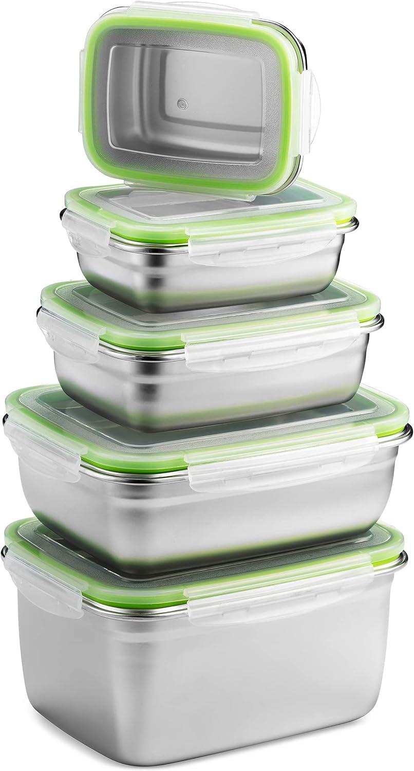 Stainless Steel Food Storage Containers - Set of 5 | Leak Proof & Airtight Lids | BPA Free | Dishwasher & Freezer Safe