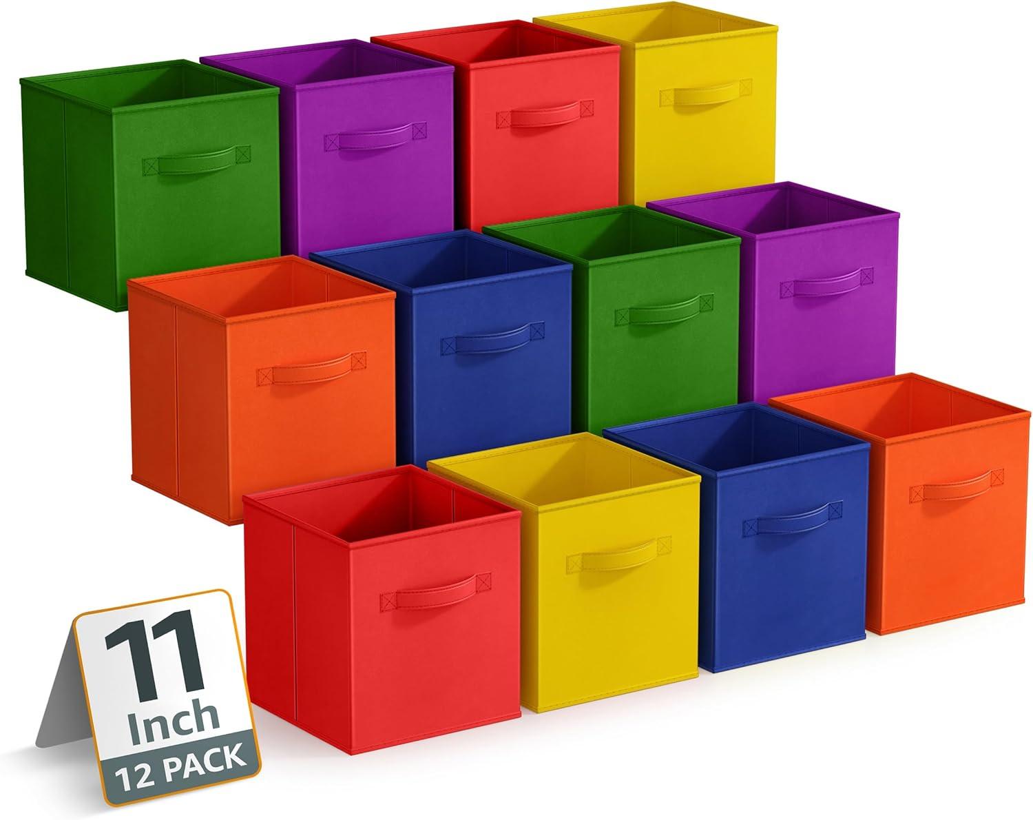 Sorbus 11 Inch Collapsible Fabric Storage Cubes, 12 Foldable Baskets for Organizing for Closet, Shelves, Clothes, Toys, Books, Deep Multi Color