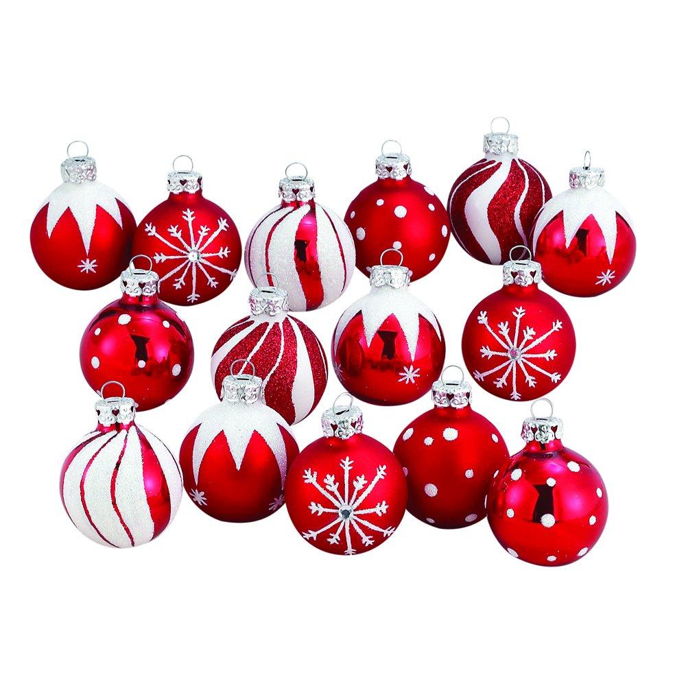 Kurt Adler Red and White Decorated Glass Ball Christmas Ornaments 15 Pieces