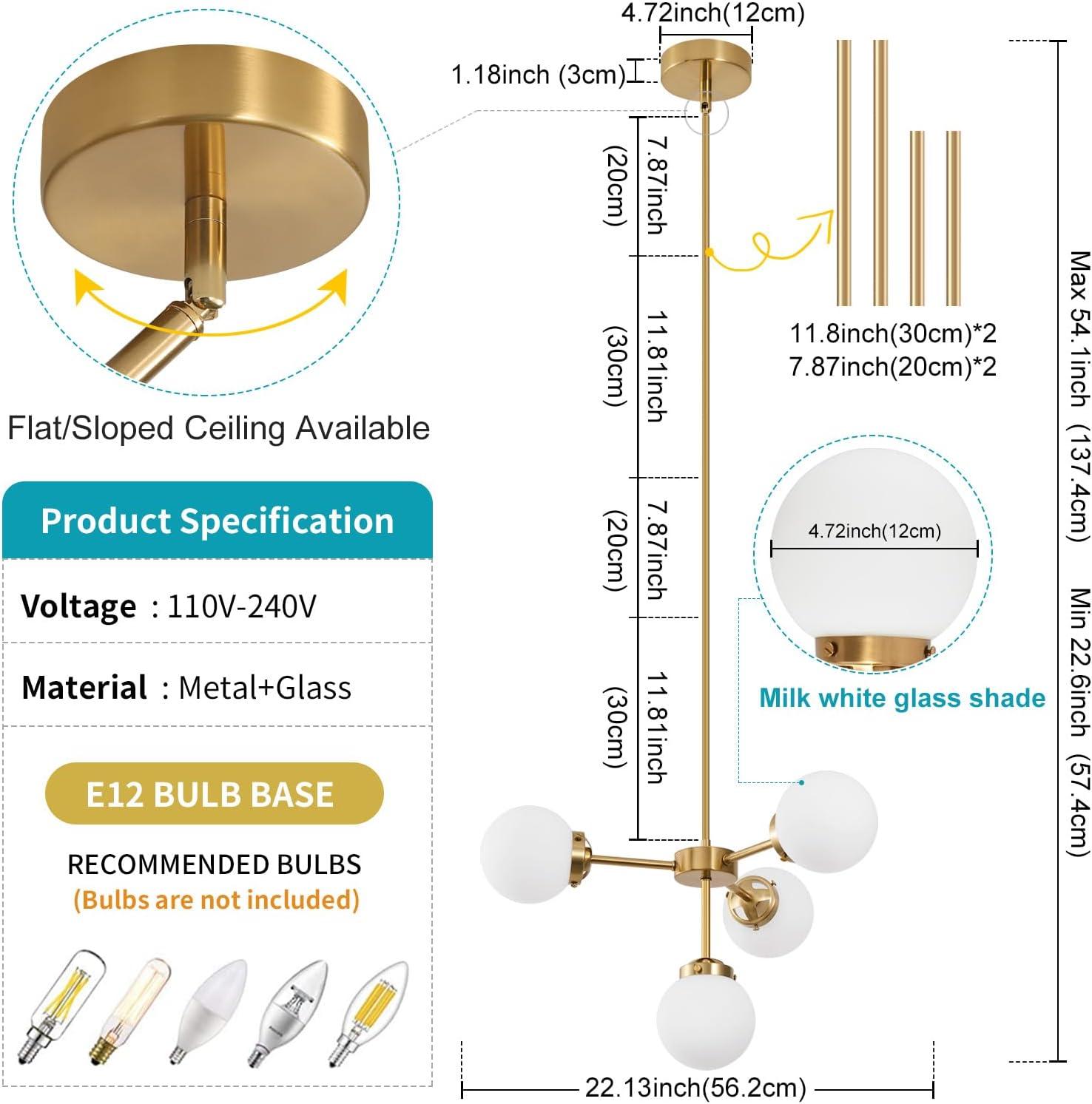 Gold Sputnik Chandelier 4-Light Globe Sputnik Ceiling Light Fixture Mid Century Sputnik Chandeliers with Milk Glass Shade