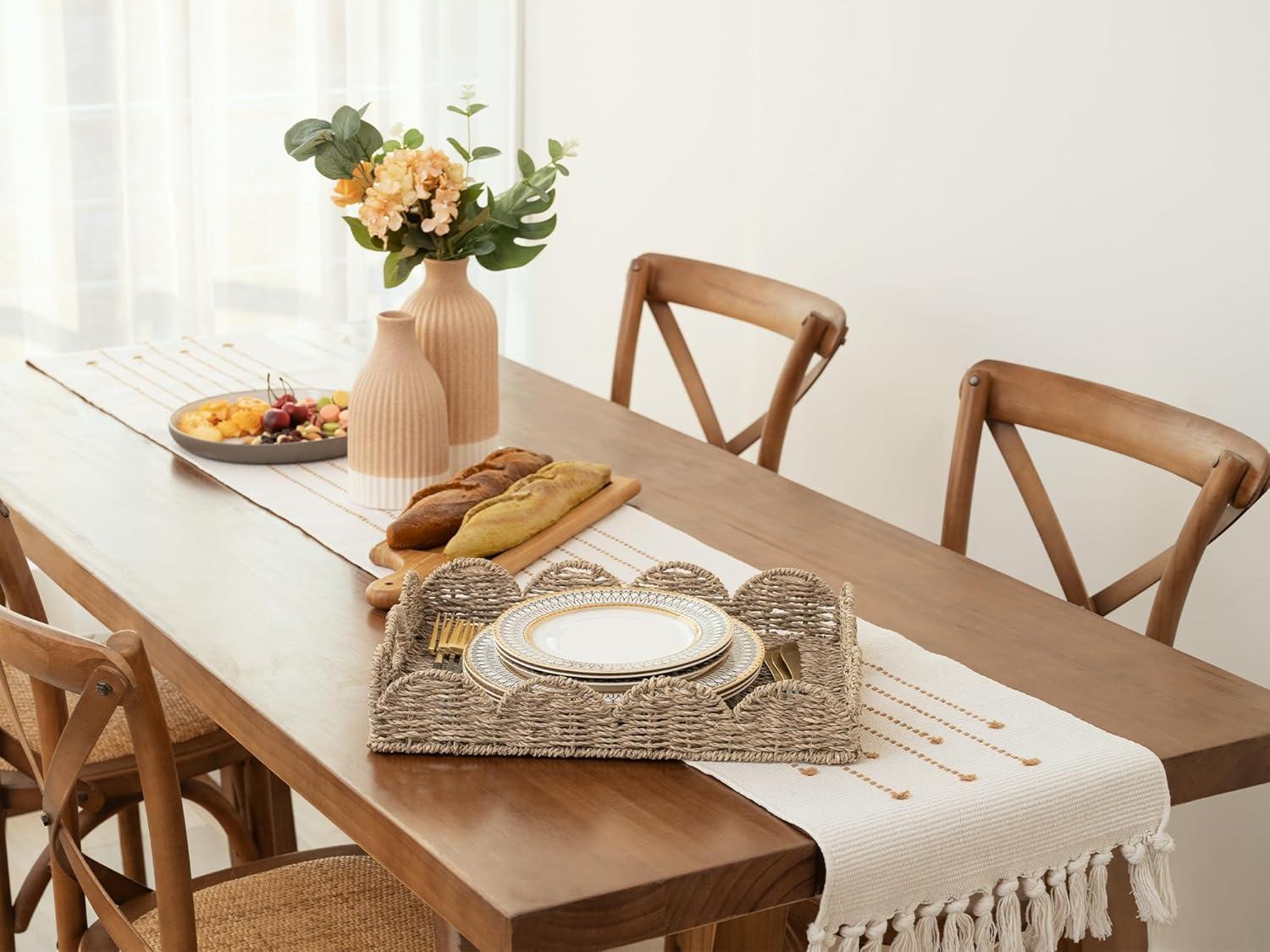 Scalloped Tray, Wicker Rattan Serving Tray with Handles, Woven Rectangle Seagrass Tray, Scalloped Basket Table Décor Trays, Ottoman Decorative and Organizer Trays，15.8" x 11.5" x 2.8"