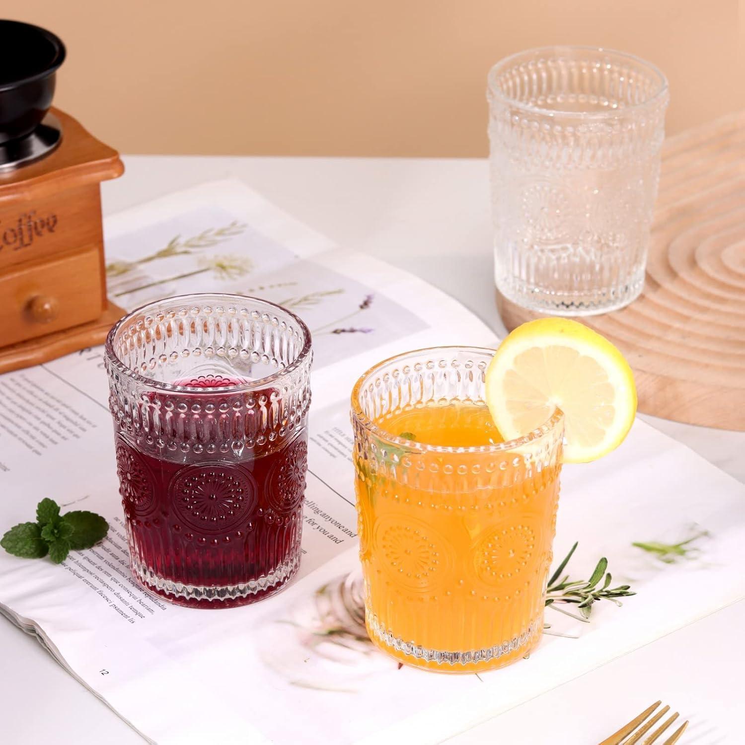 Vintage Clear Glass Flower Pattern 10 oz Tumblers Set of 4