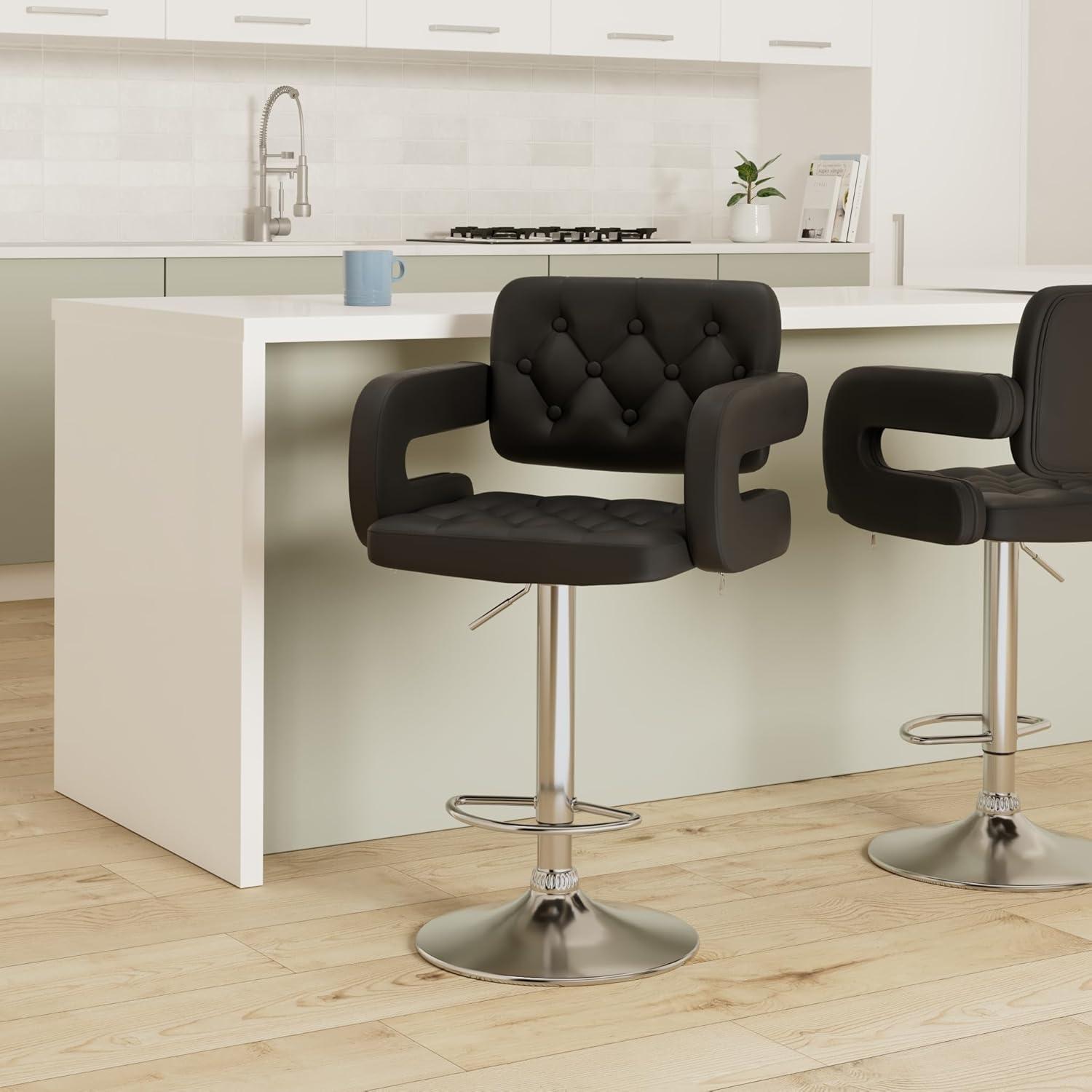 Elama Faux Leather Tufted Bar Stool in Black with Chrome Base and Adjustable Height