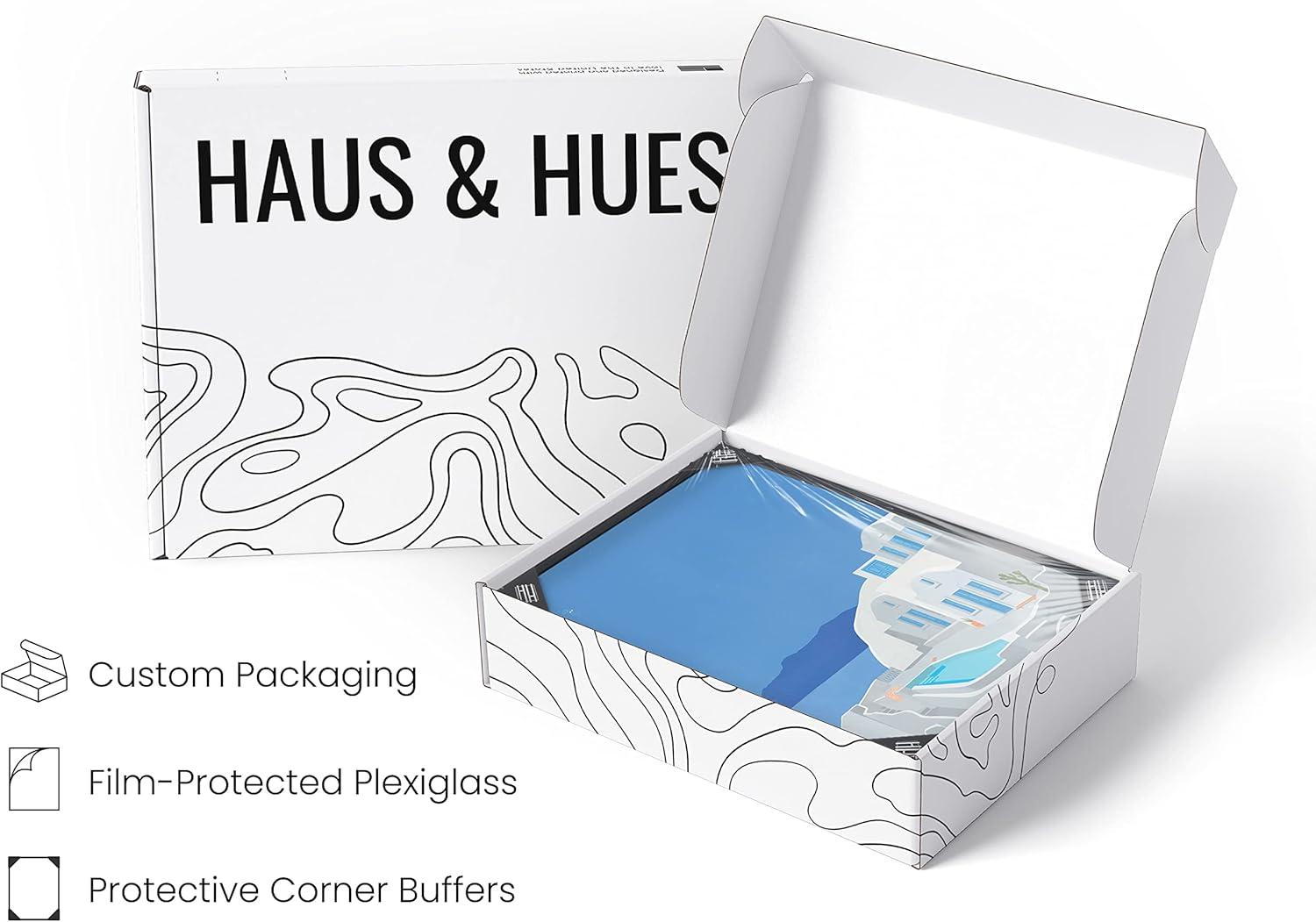 HAUS AND HUES Travel Greece Wall Art - Mediterranean poster, showcasing beautiful coastal vibes. Framed in black for a sleek finish (Black Frame, 12x16).