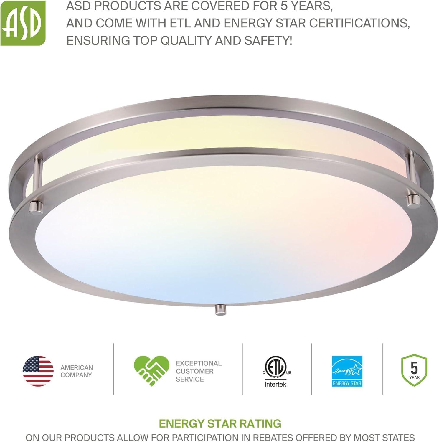 ASD LED 18 Inch Round Flush Mount Light Fixture | 28W 2250LM 3000K-5000K 120V | 3CCT, Dimmable, Energy Star, ETL Listed | Close To Ceiling Double Ring Lamp, Low Profile Lighting | Nickel