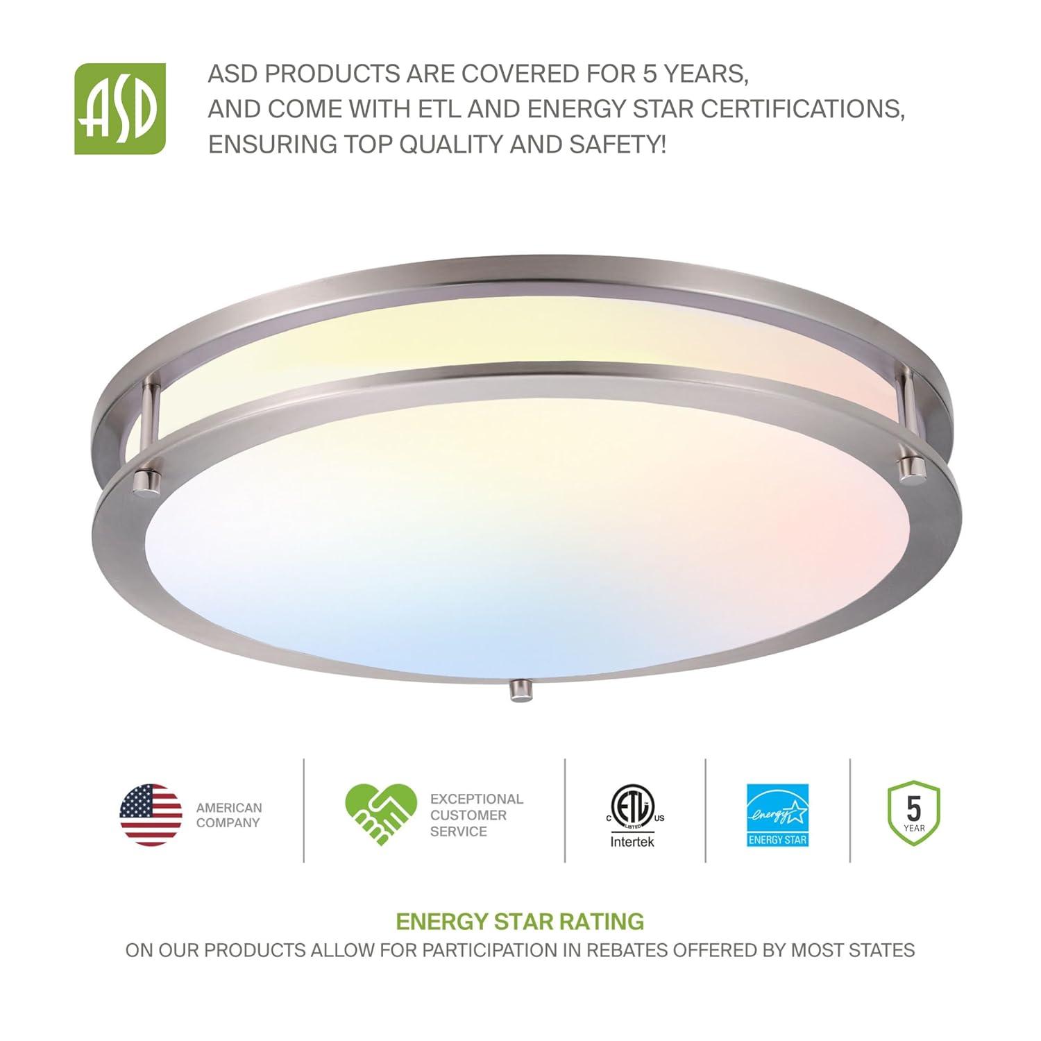 ASD LED 16 Inch Round Flush Mount Light Fixture | 24W 2150LM 3000K-5000K 100-277V | 3CCT, Dimmable, Energy Star, ETL Listed | Close to Ceiling Double Ring Lamp, Low Profile Lighting | Nickel, 2 Pack