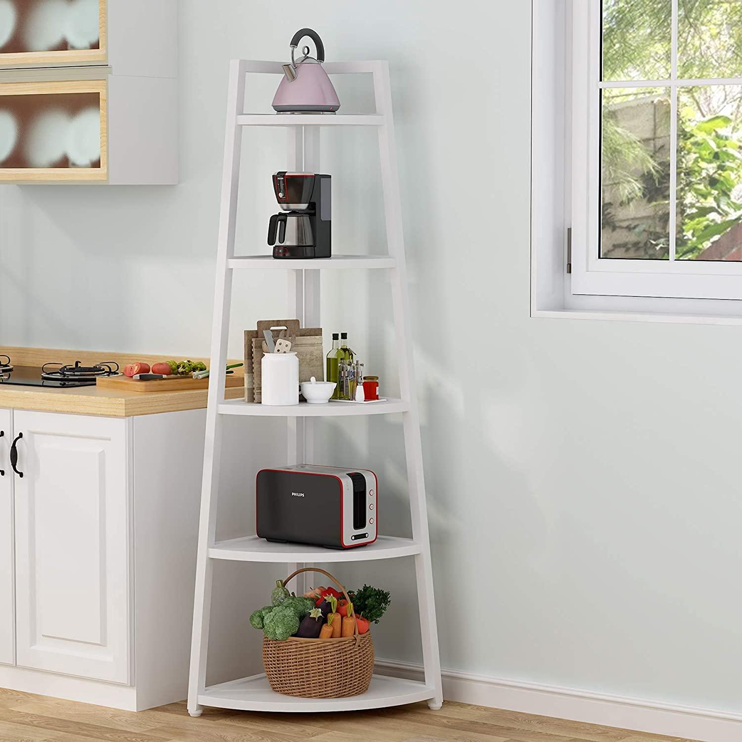 Hommoo 5-Tier Corner Shelf, 70" Tall Corner Ladder Shelf Small Bookshelf White