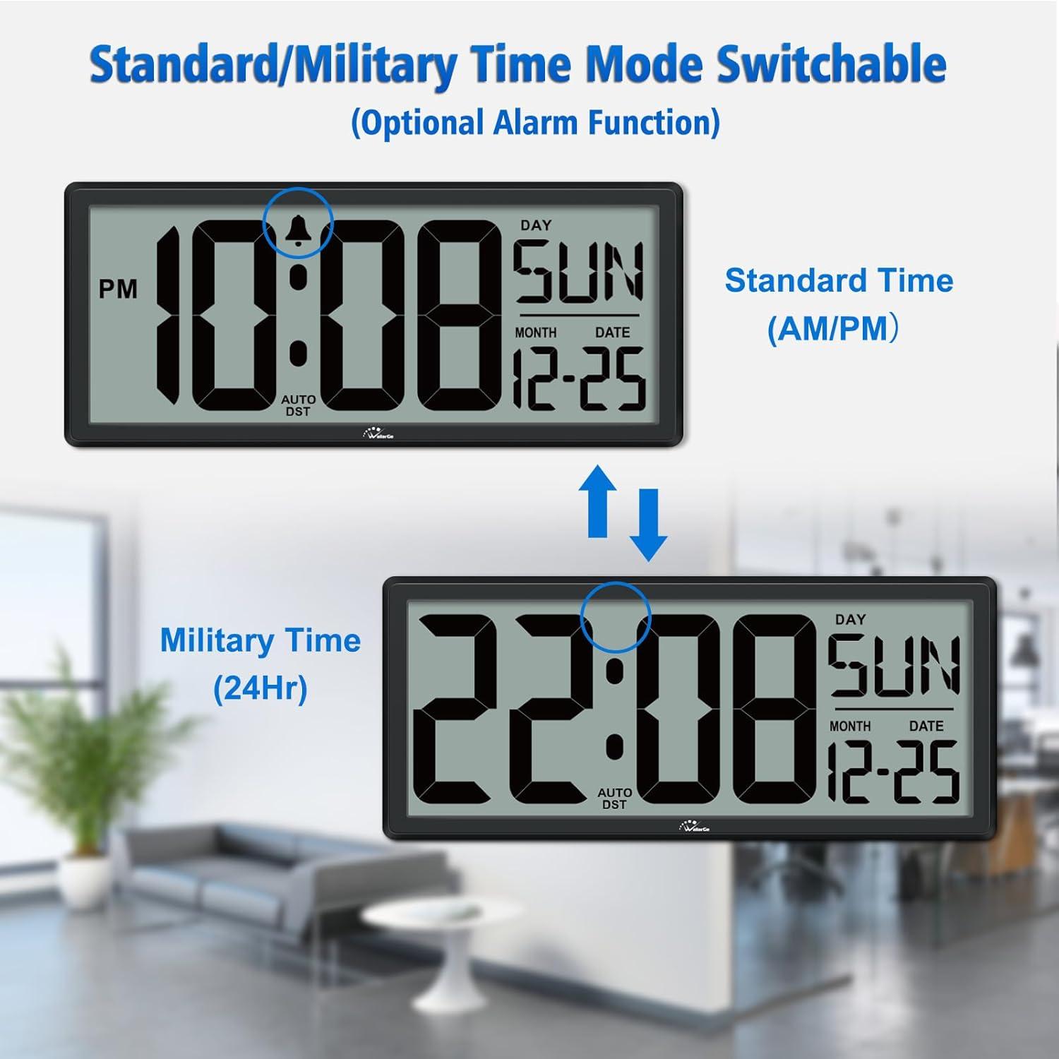 14.5" Large Digital Wall Clock Battery Operated with Jumbo Numbers Digits LCD Screen Display,Temperature,Day and Date,Alarm,Easy to Read and Set, Auto DST for Bedroom,Office,Living Room（Black）