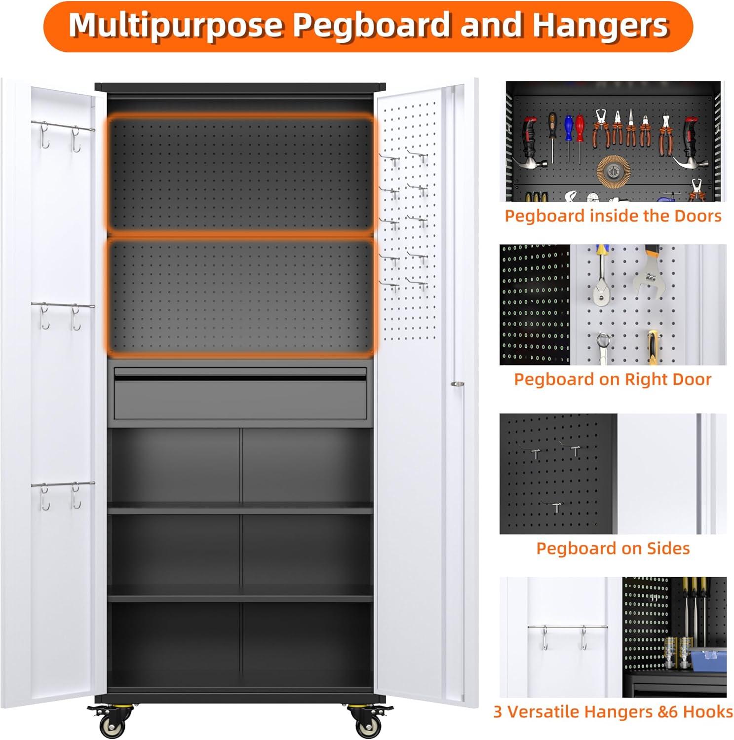 Aobabo Metal Storage Cabinet with Wheels & Pegboards,Office Storage Cabinet with Lock & Shelves,72'' H Steel Garage Cabinet for Office Home Storage,White Required-Assembly