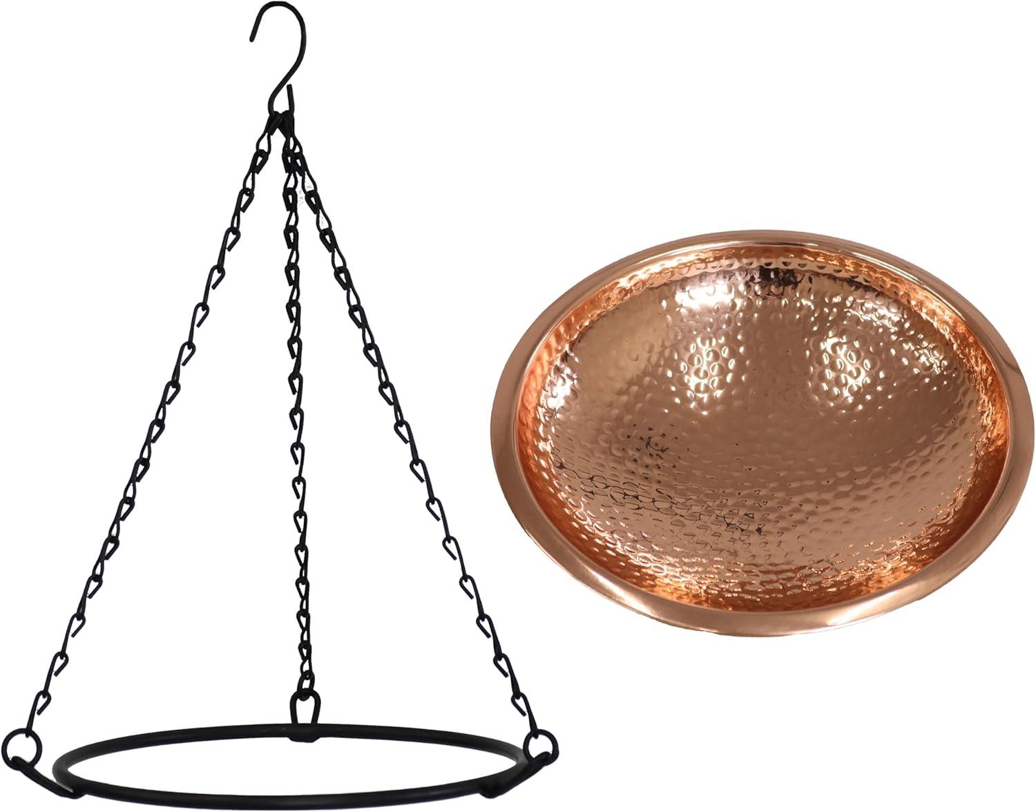 Sunnydaze Outdoor Hand-Hammered Hanging Bird Bath or Bird Feeder with Detachable Bowl and Hanging Chain - Copper - 17.5"