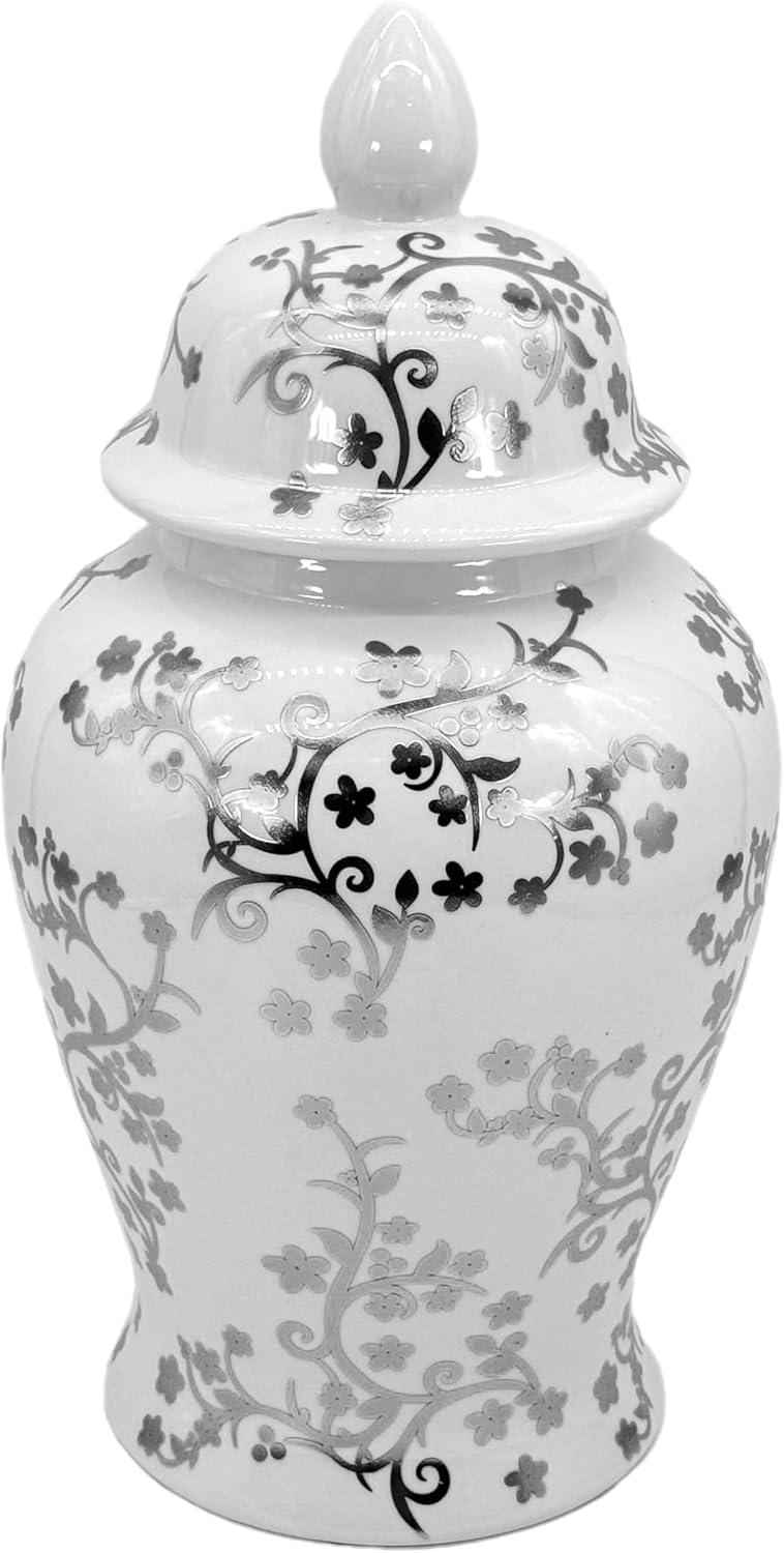 Silver and White Floral Ceramic Ginger Jar with Lid, 18"