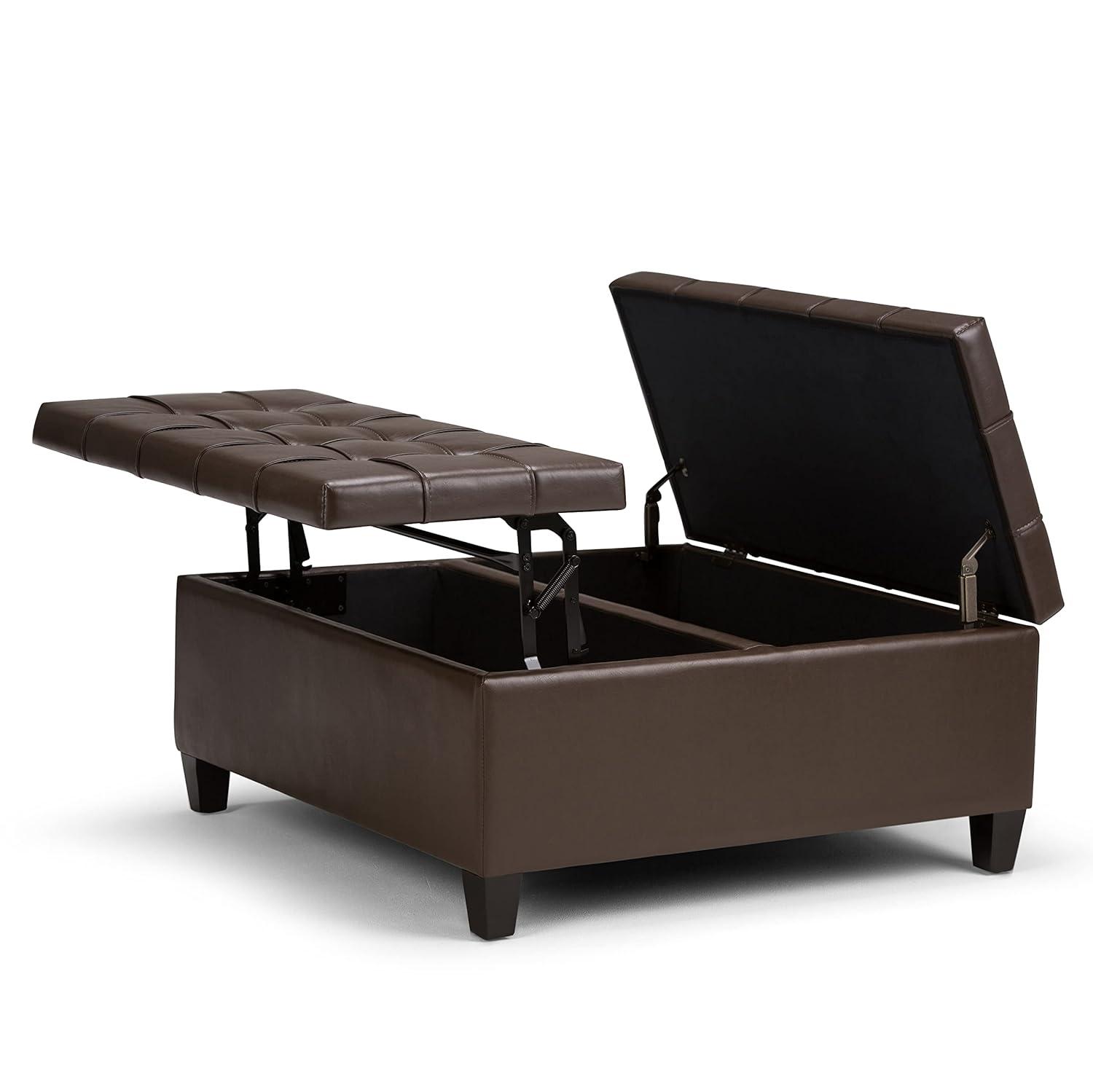 Simpli Home Harrison 36"W Upholstered Square Coffee Table Storage Ottoman with Split Lift Top