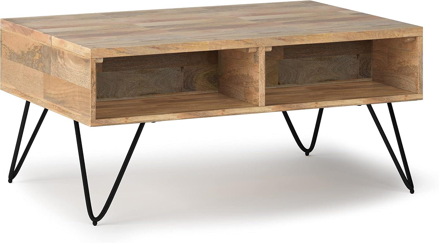 Hunter Solid Wood Industrial Small Lift Top Coffee Table with Hidden Storage and Metal Hairpin Legs.