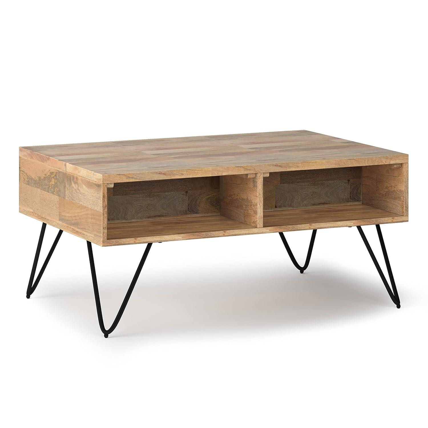 Hunter Solid Wood Industrial Small Lift Top Coffee Table with Hidden Storage and Metal Hairpin Legs.