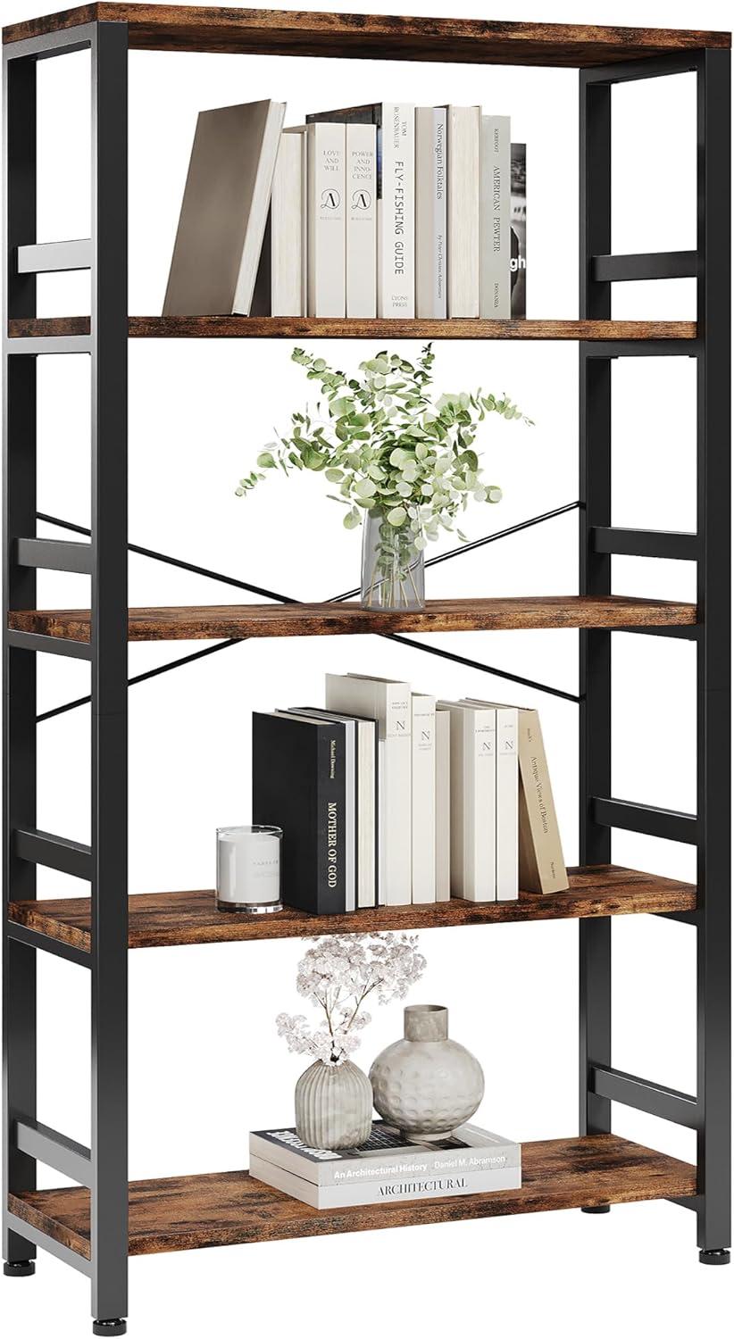 Vintage Brown 5-Tier Industrial Ladder Bookshelf with Adjustable Feet