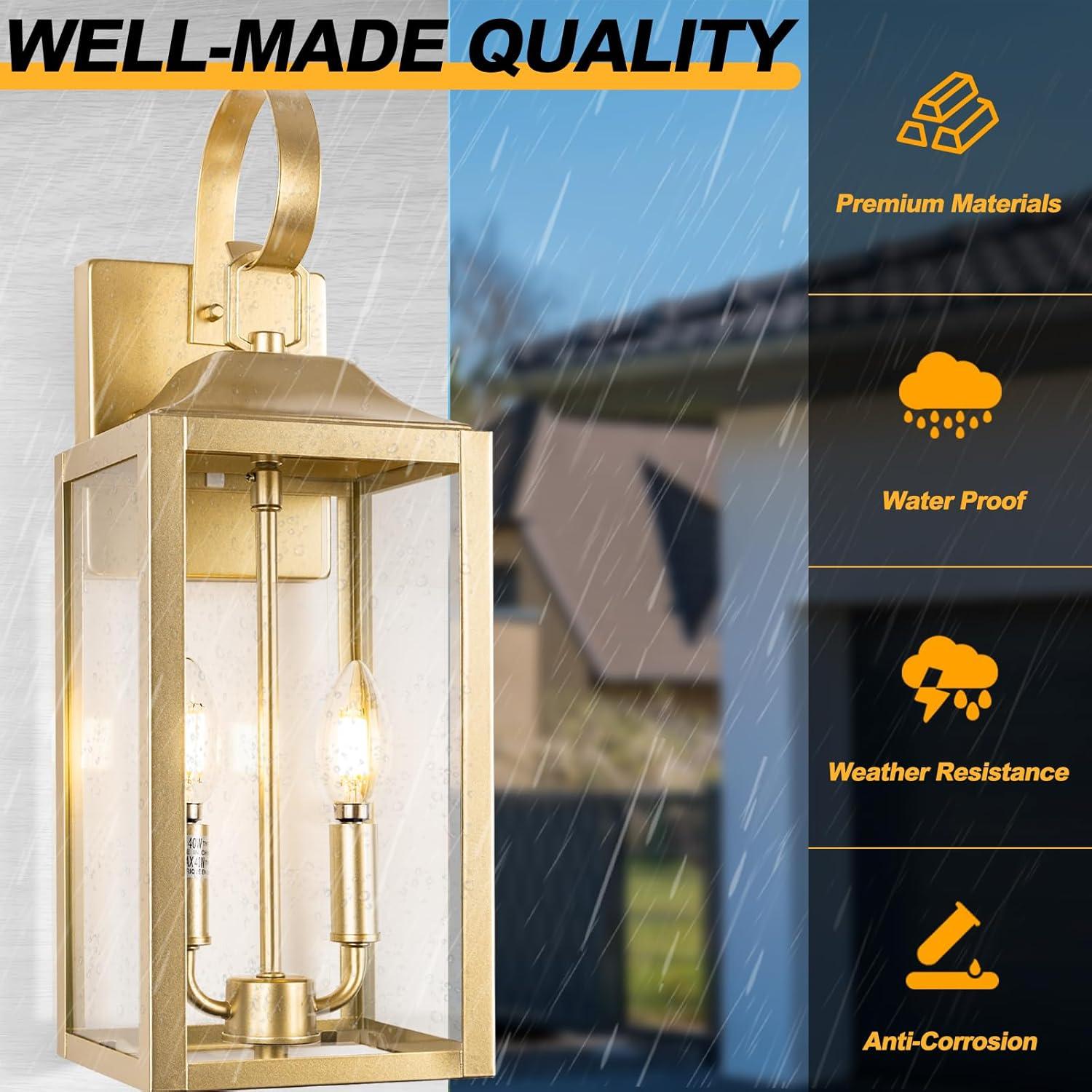 19" Outdoor Wall Lantern 2-Light, Large Outside Modern Wall Sconce Light Fixture, Industrial Porch Light Wall Mount With Glass, Waterproof Farmhouse Exterior Lamp