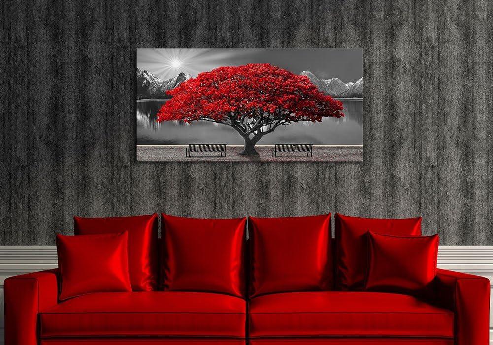 Large Red Tree Landscape Canvas Print with Black Frame