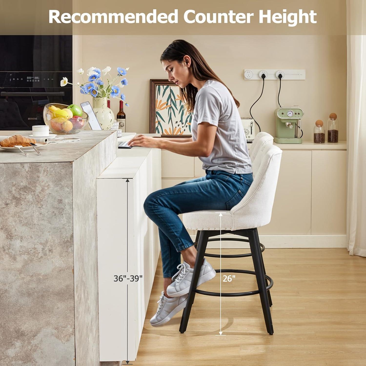 Counter Bar Stools Set of 2, Modern Swivel Bar Stools with Back and Wood Legs, 26" H Upholstered Bar Chair for Kitchen Island Home Bar, Linen Beige
