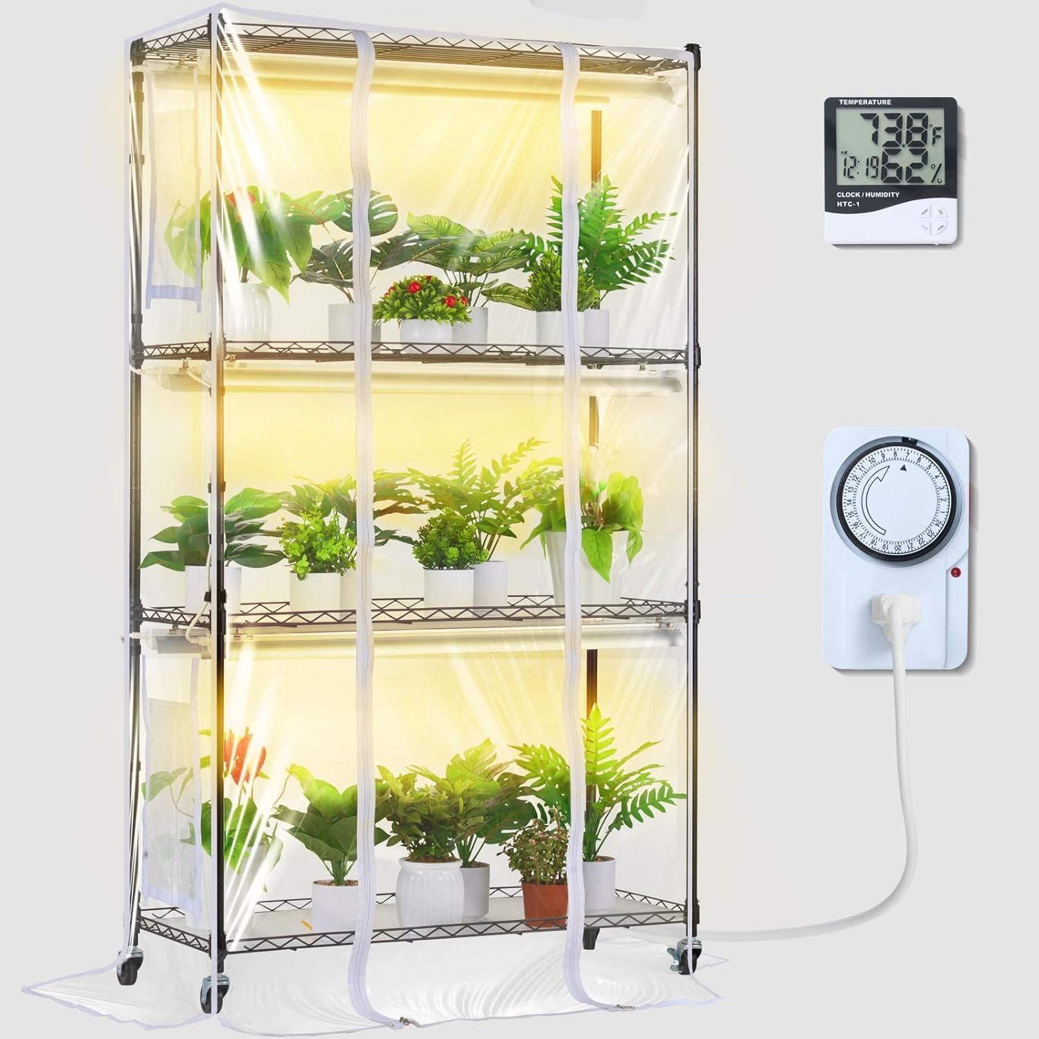 Four-Tier Black Metal Plant Stand with Grow Light and Cover