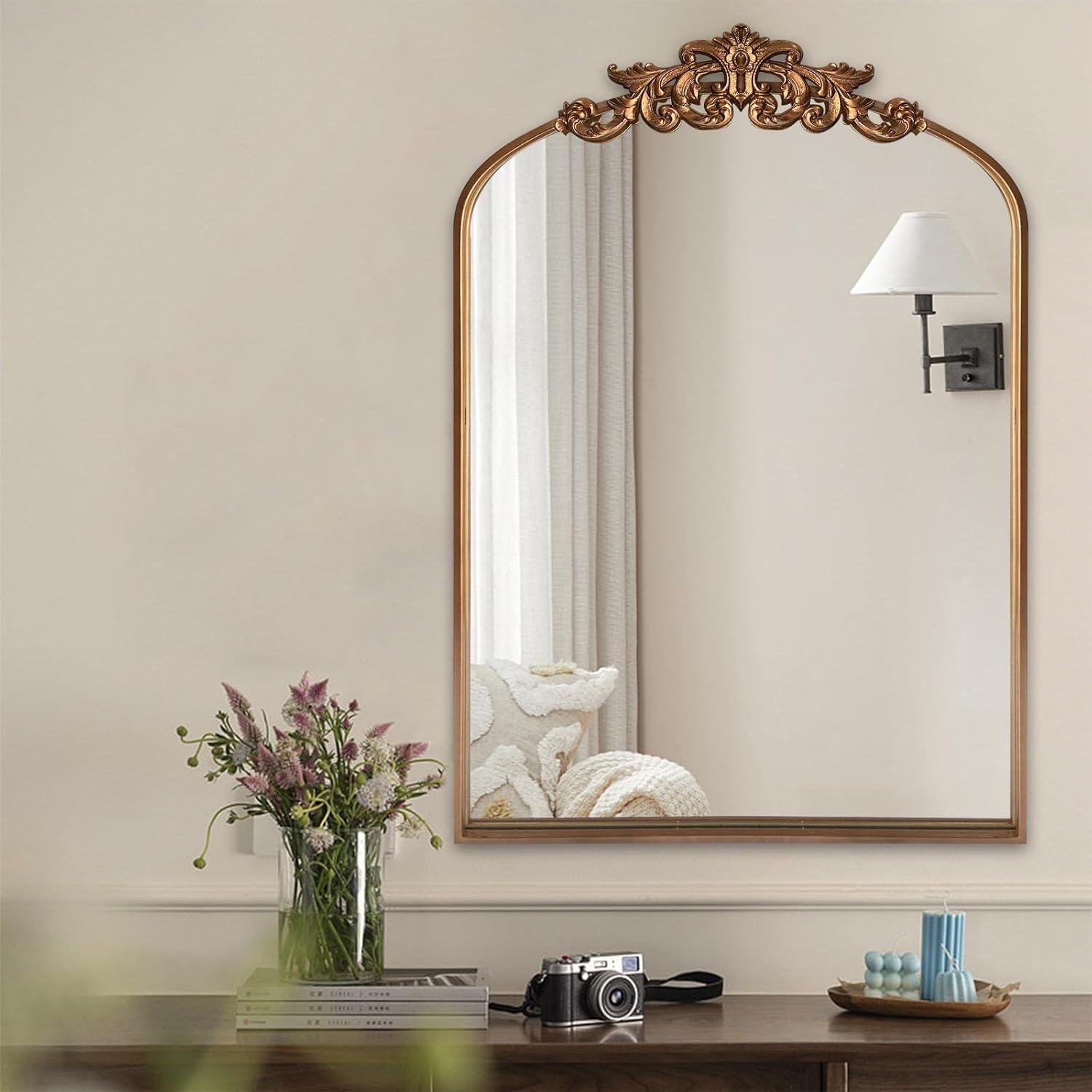 BohoBliss 24"X36" Gold Vintage Mirror for Wall, Antique Arch Mirror, Victorian Ornate Baroque Mirror for Wall, Mantel, Fireplace, Living Room, Hallway, Bathroom, Bedroom, Entryway
