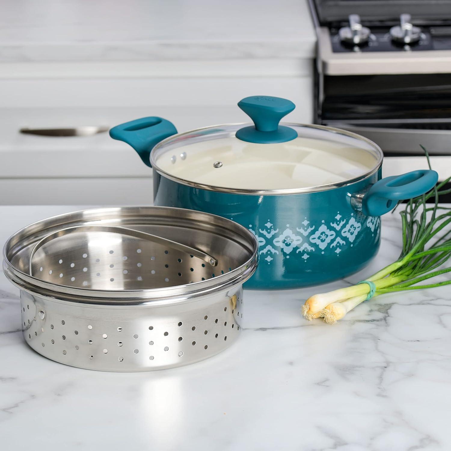 Spice By Tia Mowry Savory Saffron Nonstick Ceramic Dutch Oven With Stainless Steel Steamer, 5-Quart, Charcoal, Enamel Exterior, Stay-Cool Handles