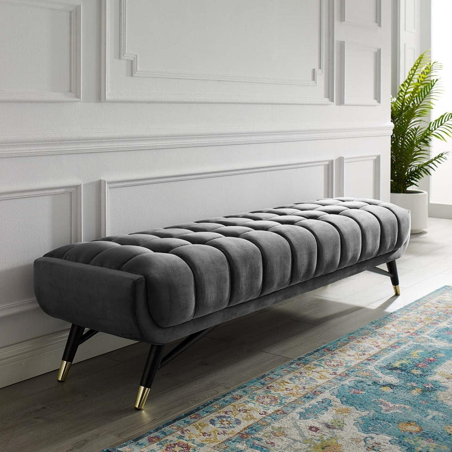 Mid-Century Modern Gray Velvet Tufted Storage Bench with Black Birch Frame