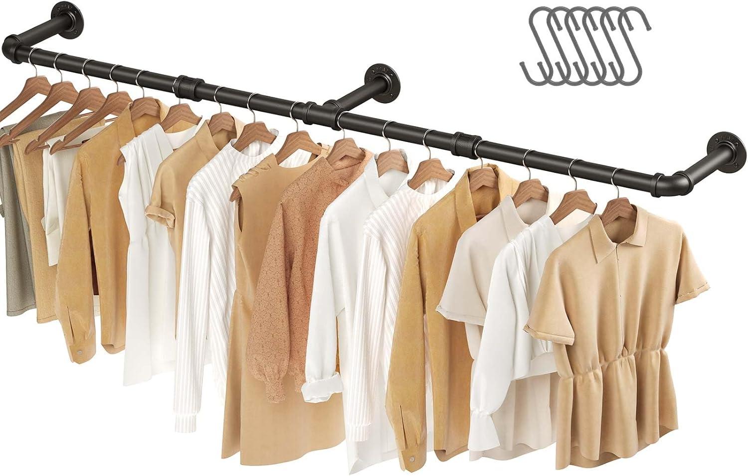 Greenstell Wall Mounted Clothes Rack, 36.2in Industrial Pipe Clothing Rack for Hanging Clothes, Space-Saving Closet Rod, Multi-Purpose Hanging Rod for Bedroom, Laundry Room, 2 Base (1 Pack)